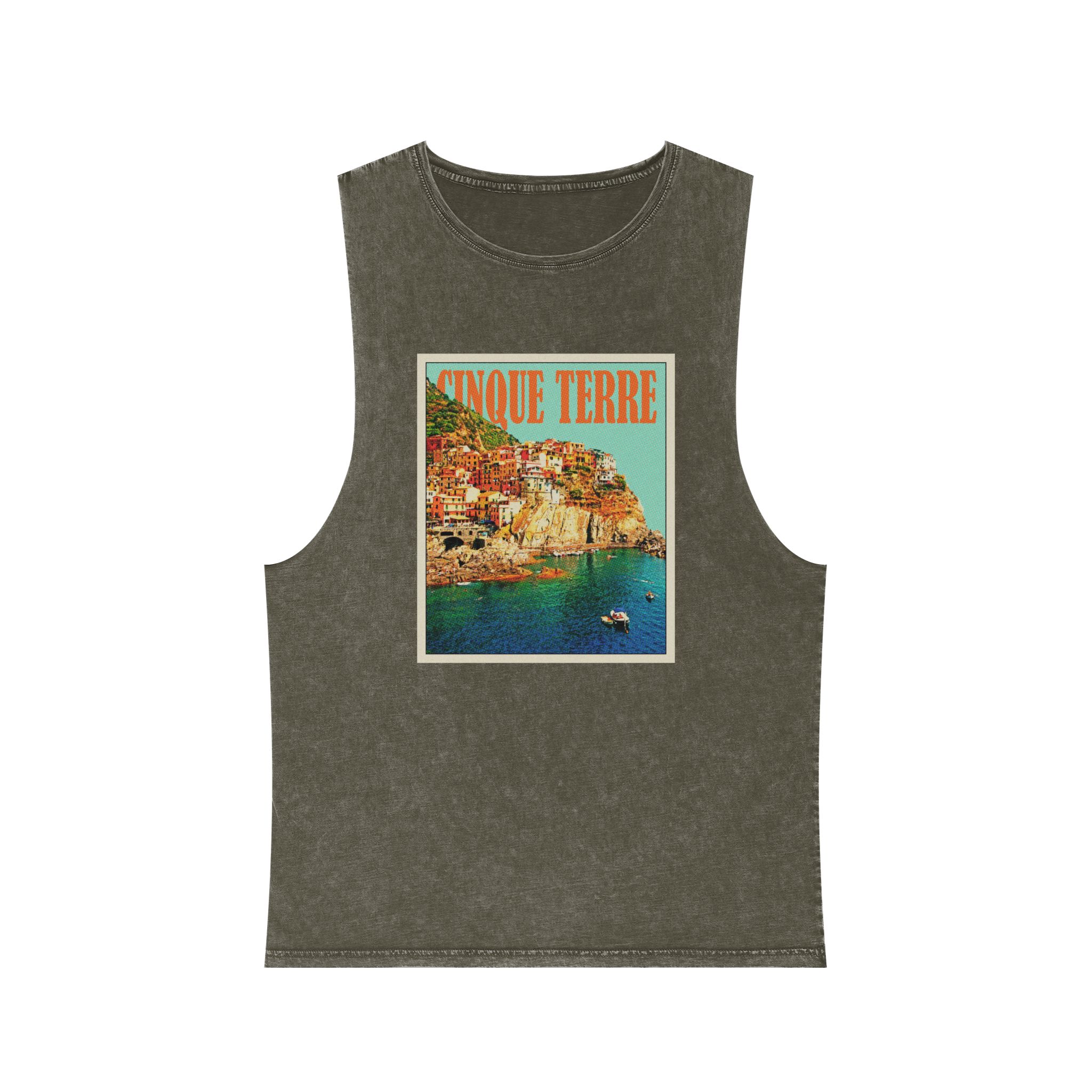 Cinque Terre Retro Travel Poster Unisex Stonewash Tank Top - Image 5