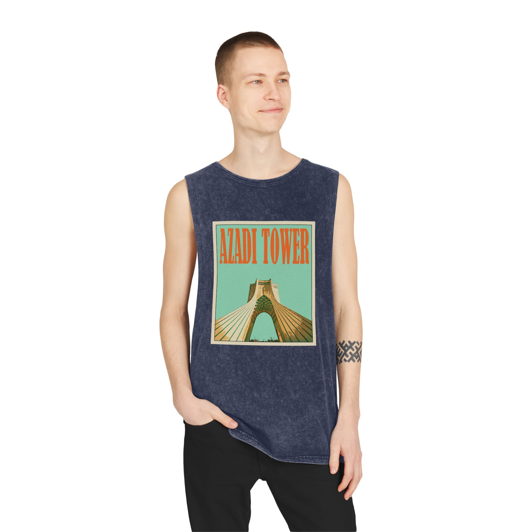 Azadi Tower Retro Travel Poster Unisex Stonewash Tank Top - Image 15