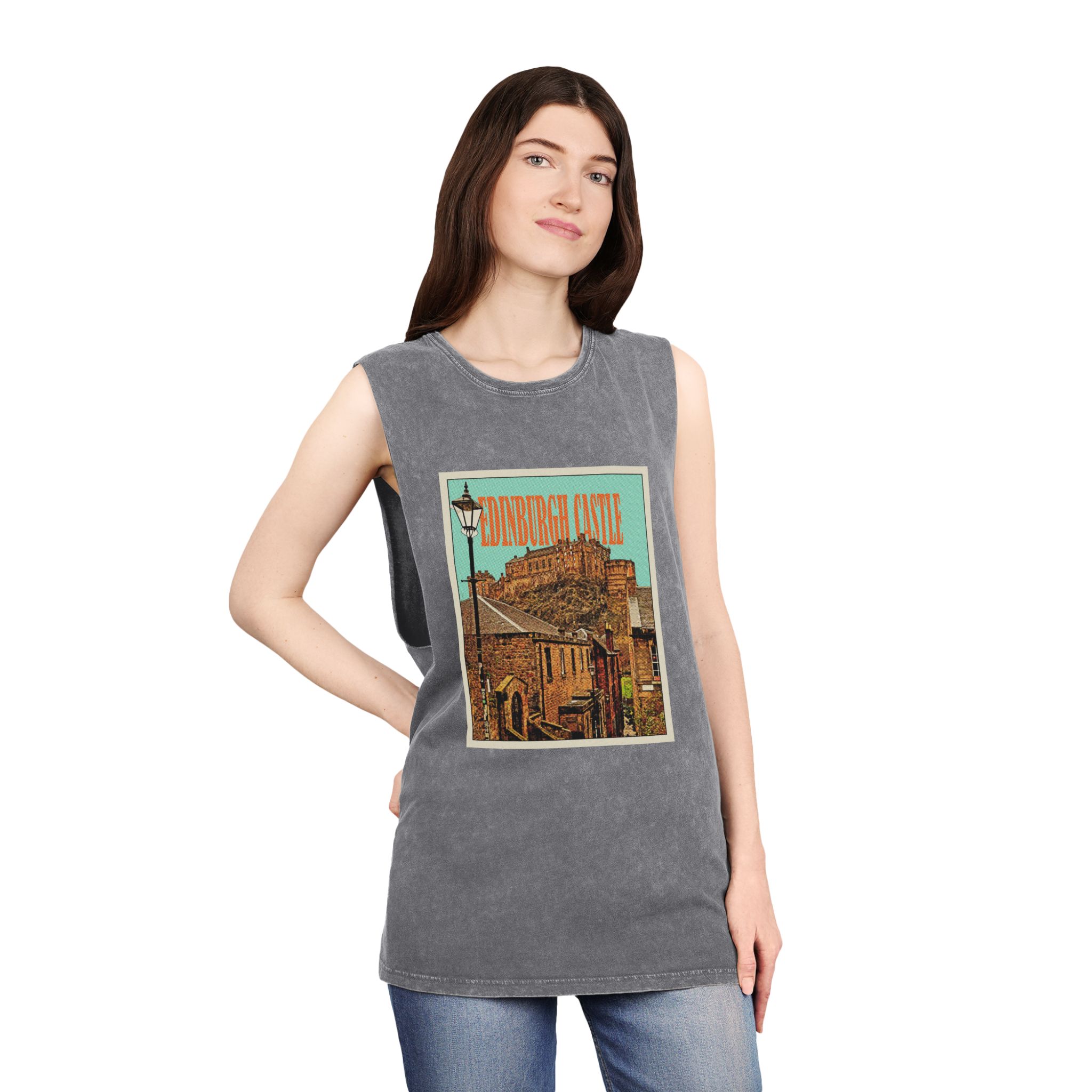 Edinburgh Castle Retro Travel Poster Unisex Stonewash Tank Top - Image 12