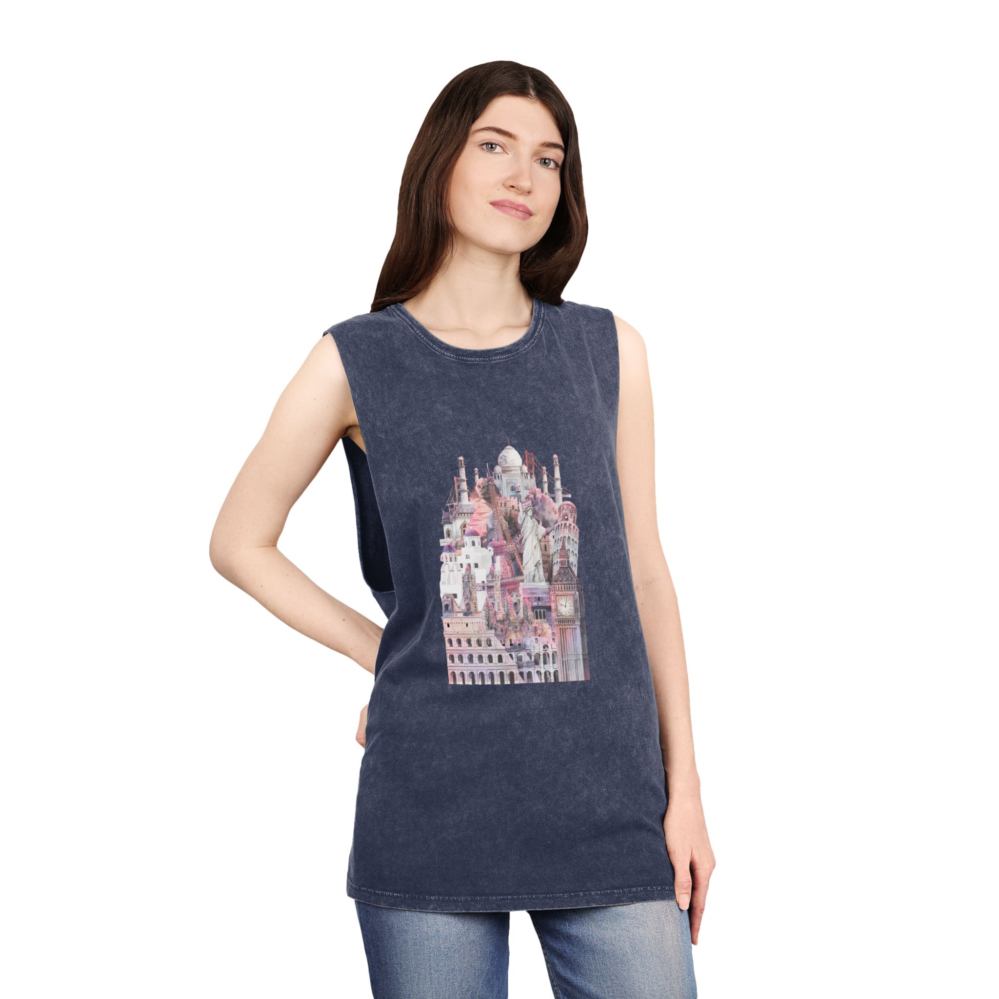 Collection Architectural Landmarks Painted By Watercolor Unisex Stonewash Tank Top - Image 16
