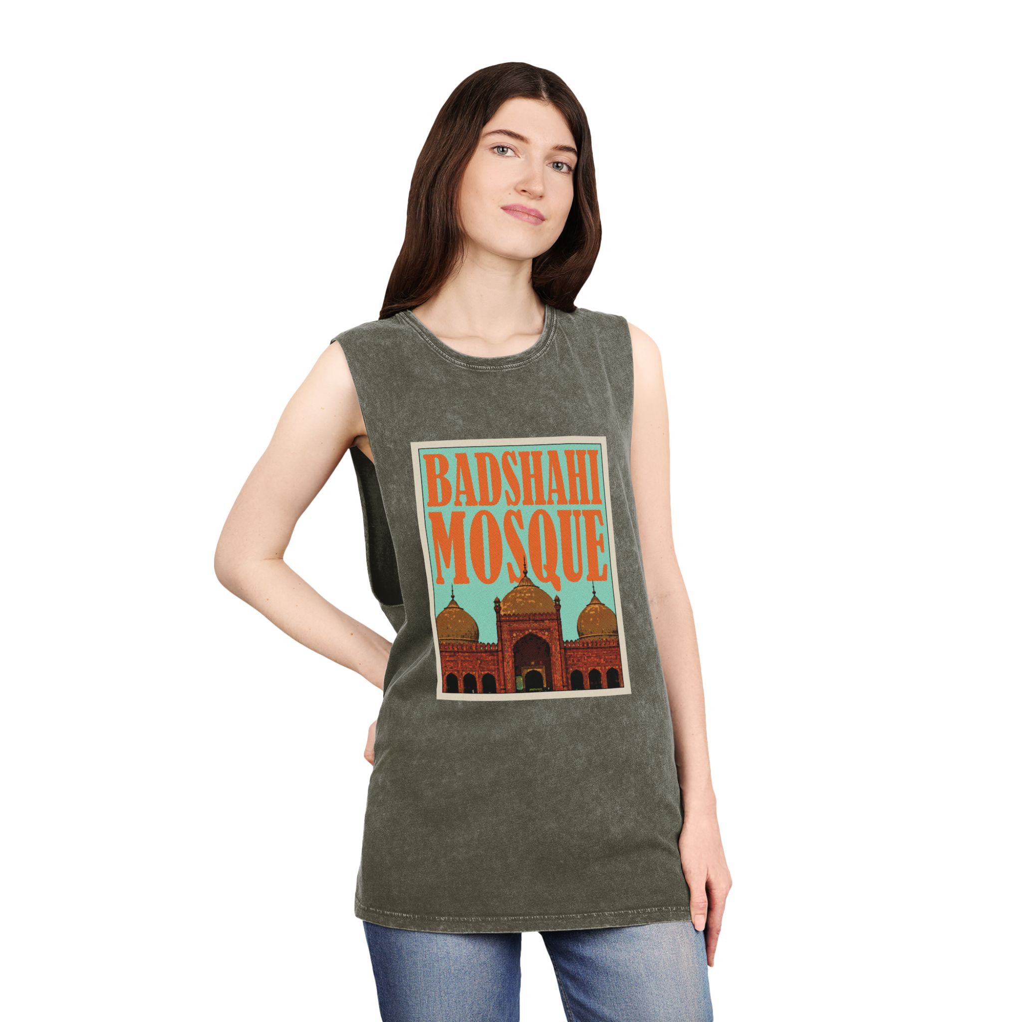 Badshahi Mosque Retro Travel Poster Unisex Stonewash Tank Top - Image 8
