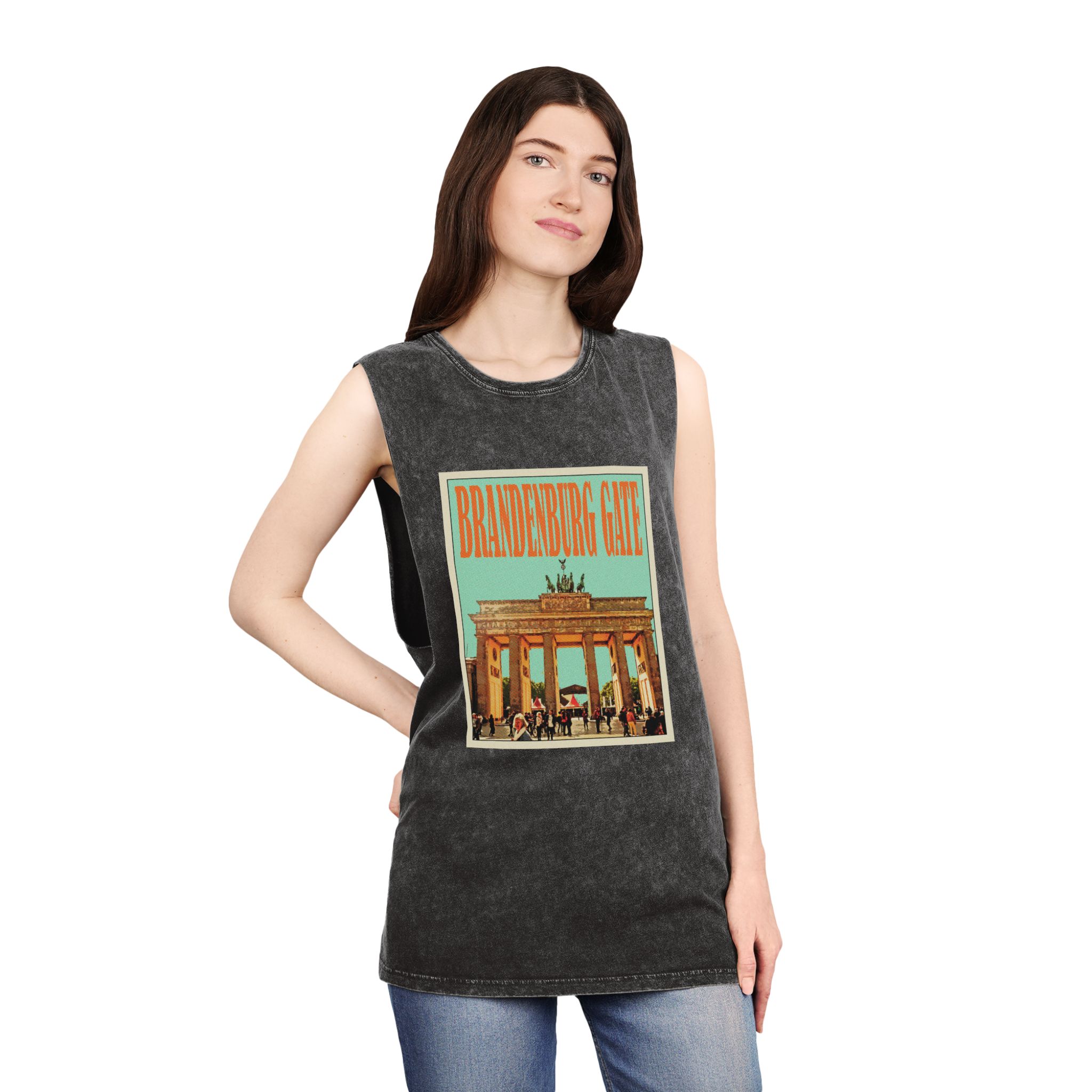 Brandenburg Gate Retro Travel Poster (1) Unisex Stonewash Tank Top - Image 4