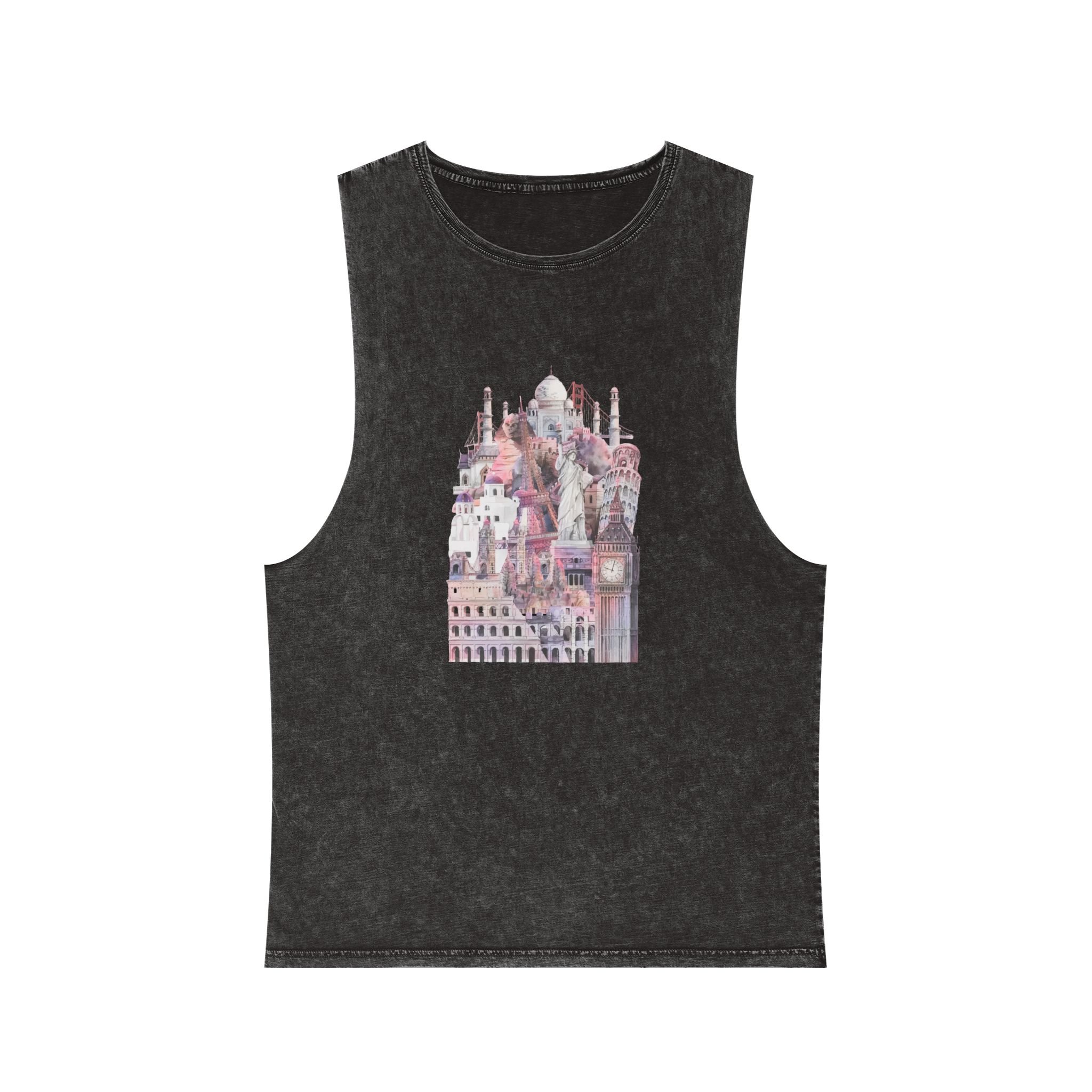Collection Architectural Landmarks Painted By Watercolor Unisex Stonewash Tank Top