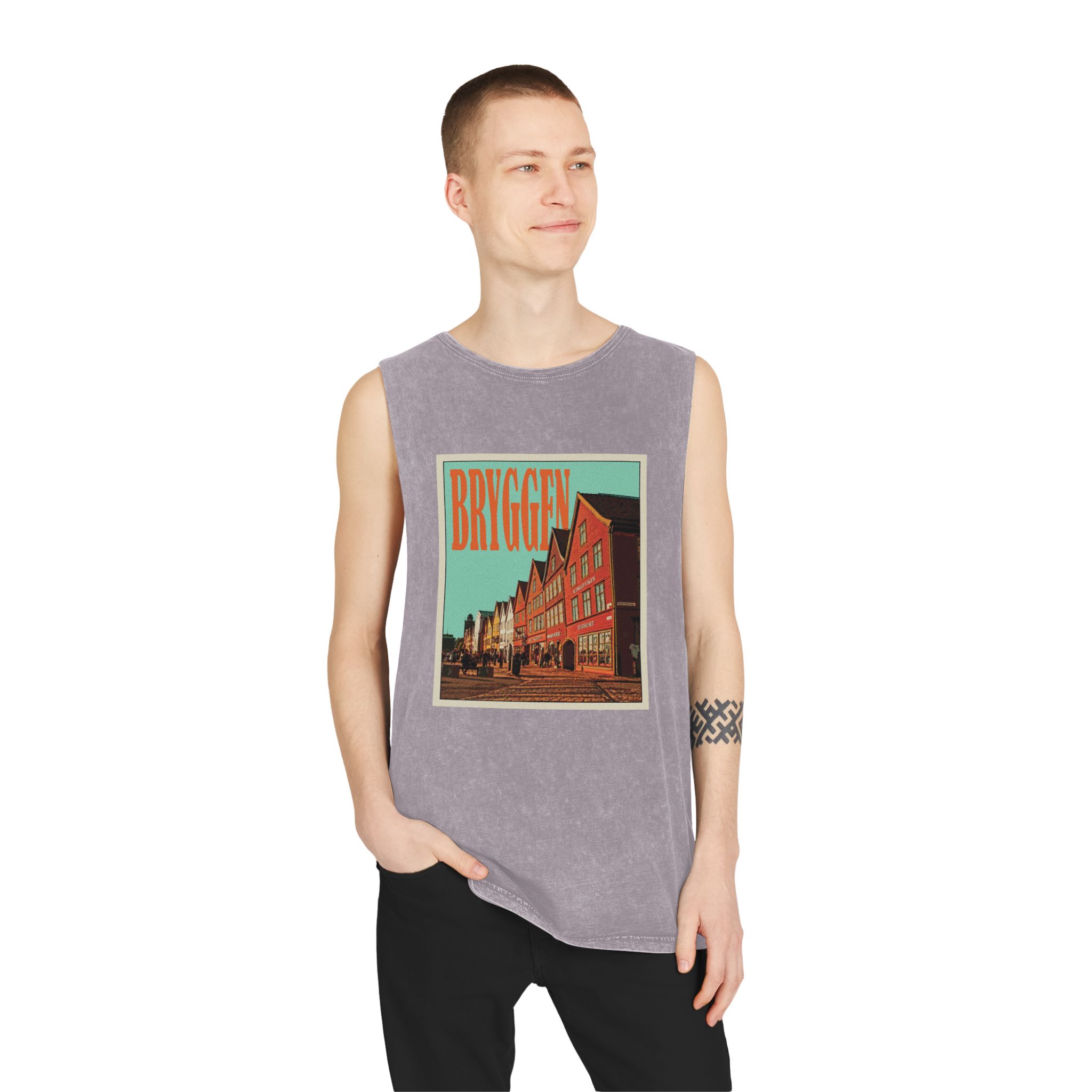 Bryggen Retro Travel Poster Unisex Stonewash Tank Top - Image 19