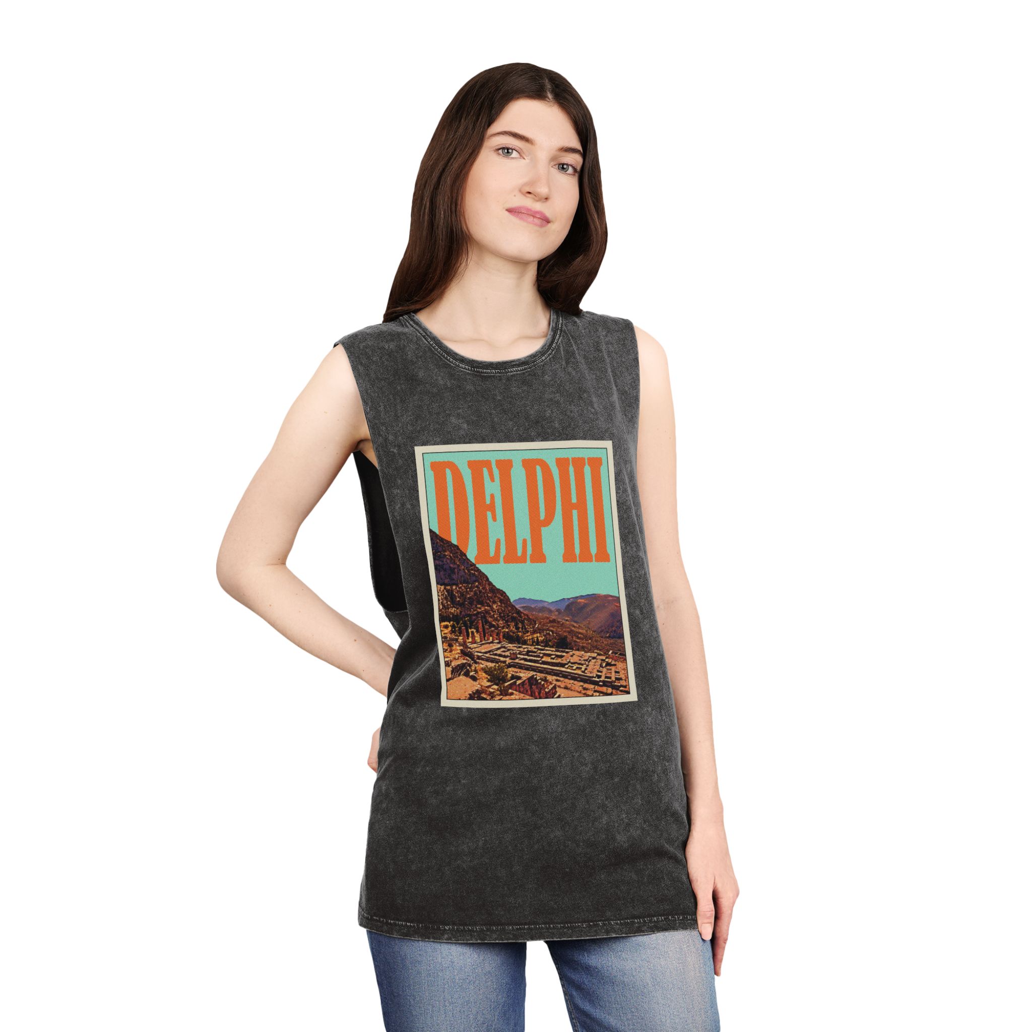 Delphi Retro Travel Poster Unisex Stonewash Tank Top - Image 4