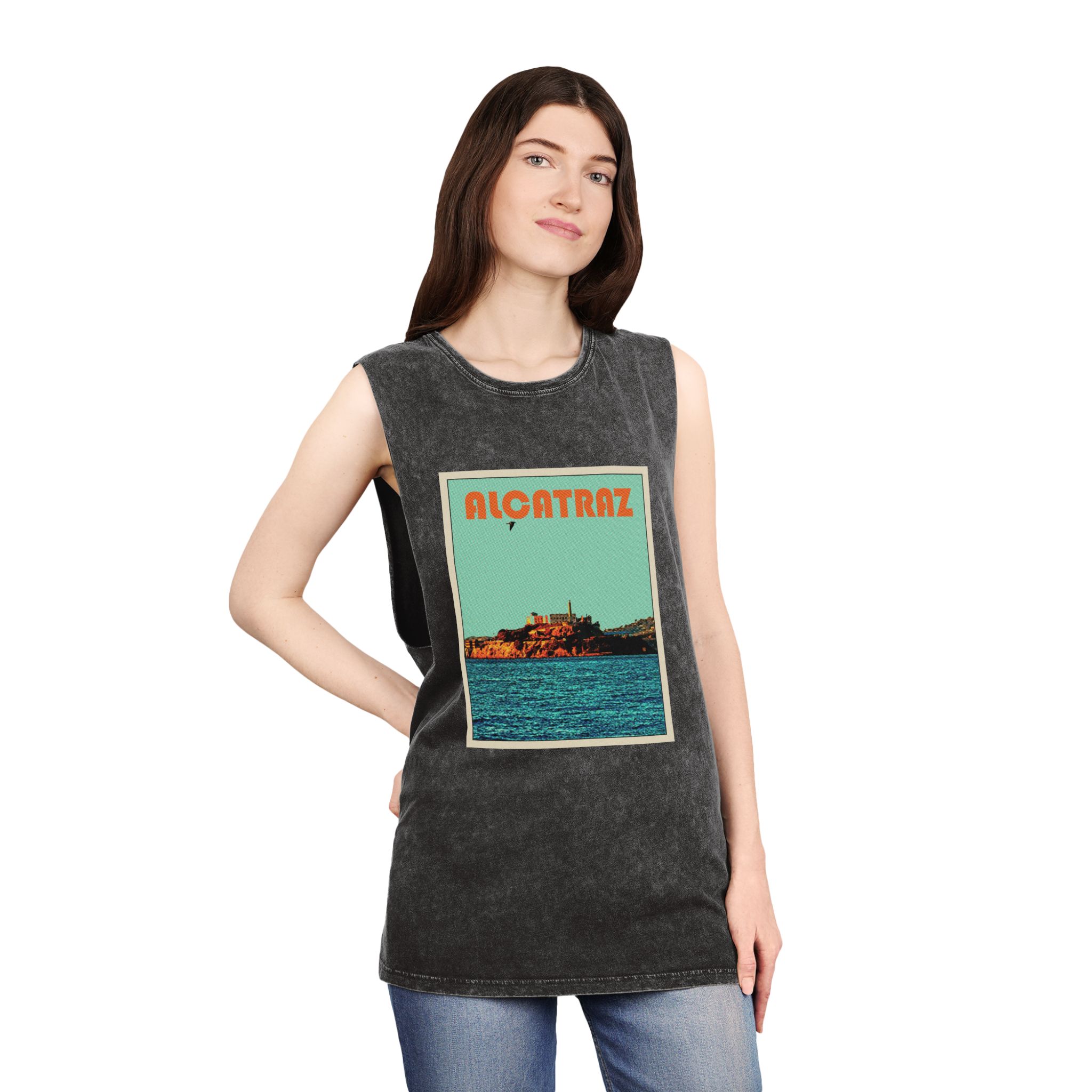 Alcatraz Retro Travel Poster Unisex Stonewash Tank Top - Image 4