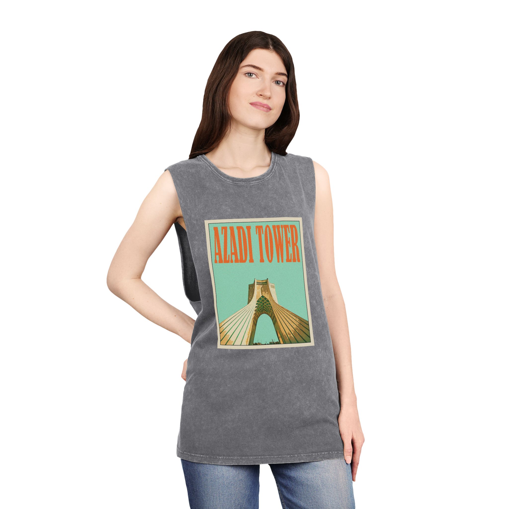 Azadi Tower Retro Travel Poster Unisex Stonewash Tank Top - Image 12