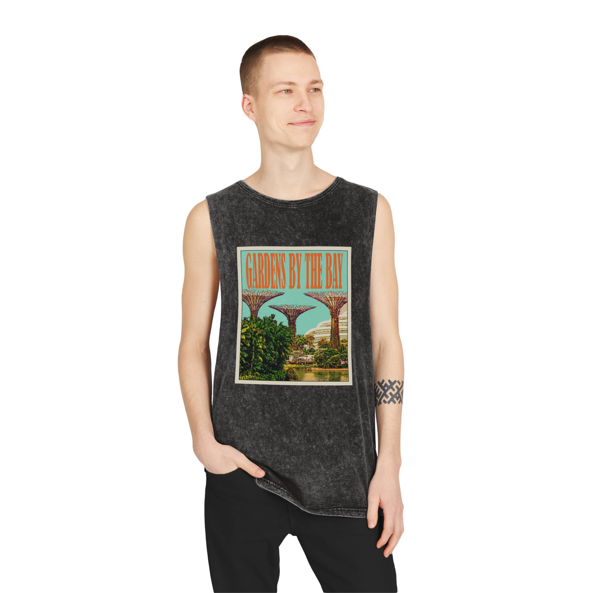 Gardens By Bay Retro Travel Poster (1) Unisex Stonewash Tank Top - Image 3