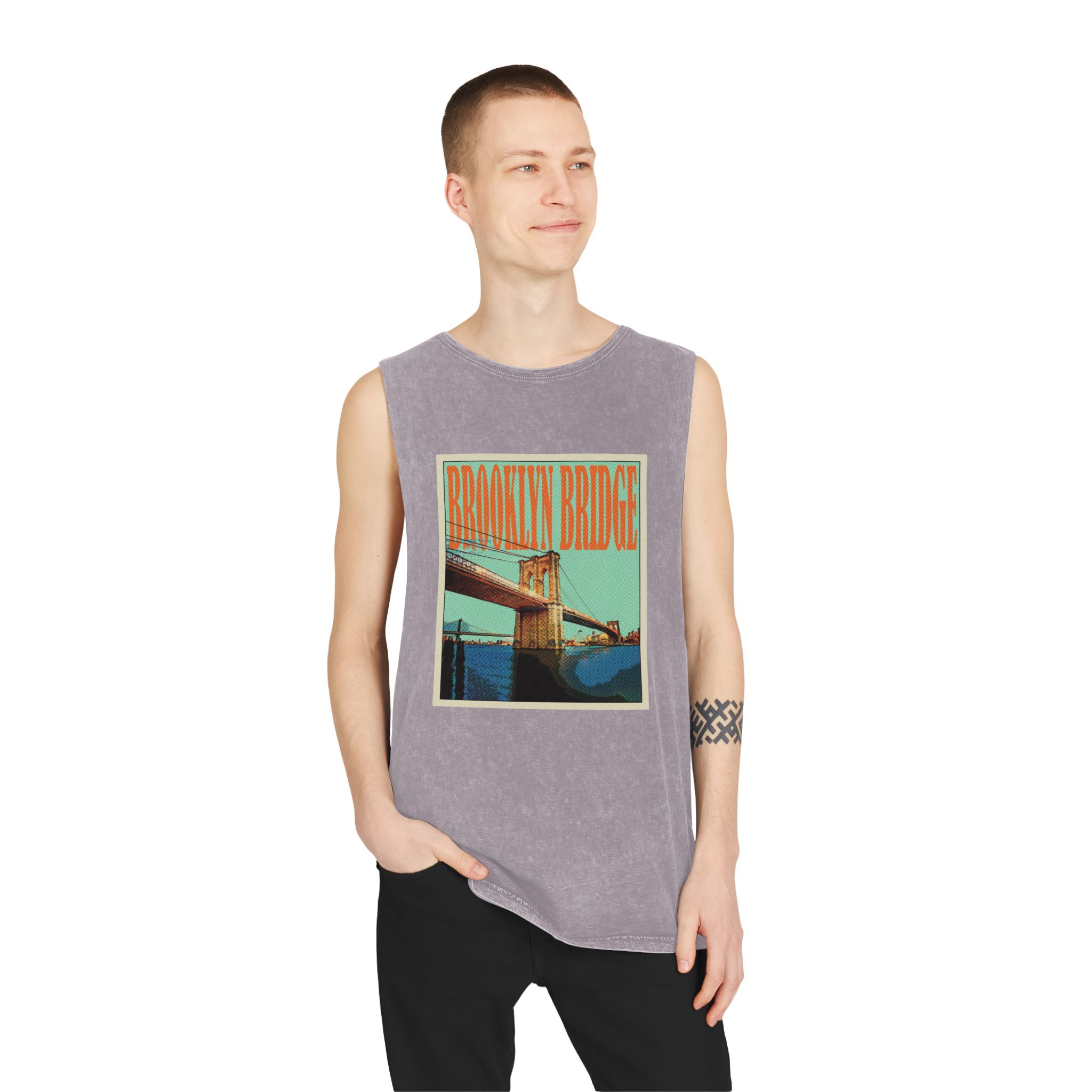 Brooklyn Bridge Retro Travel Poster Unisex Stonewash Tank Top - Image 19