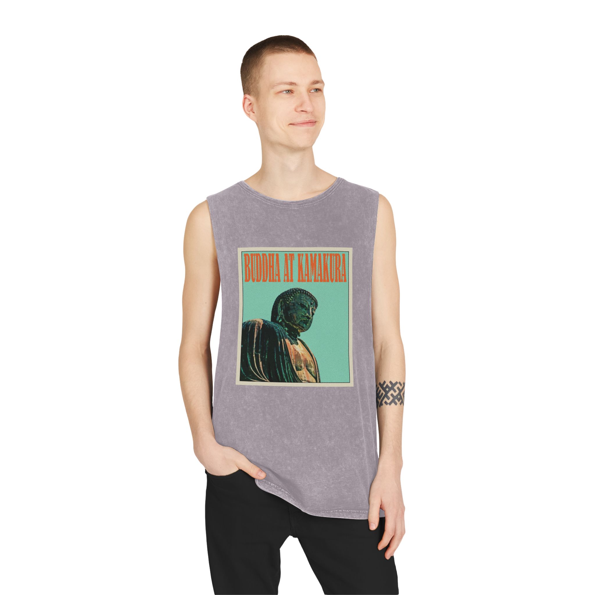 Buddha Kamakura Retro Travel Poster Unisex Stonewash Tank Top - Image 19