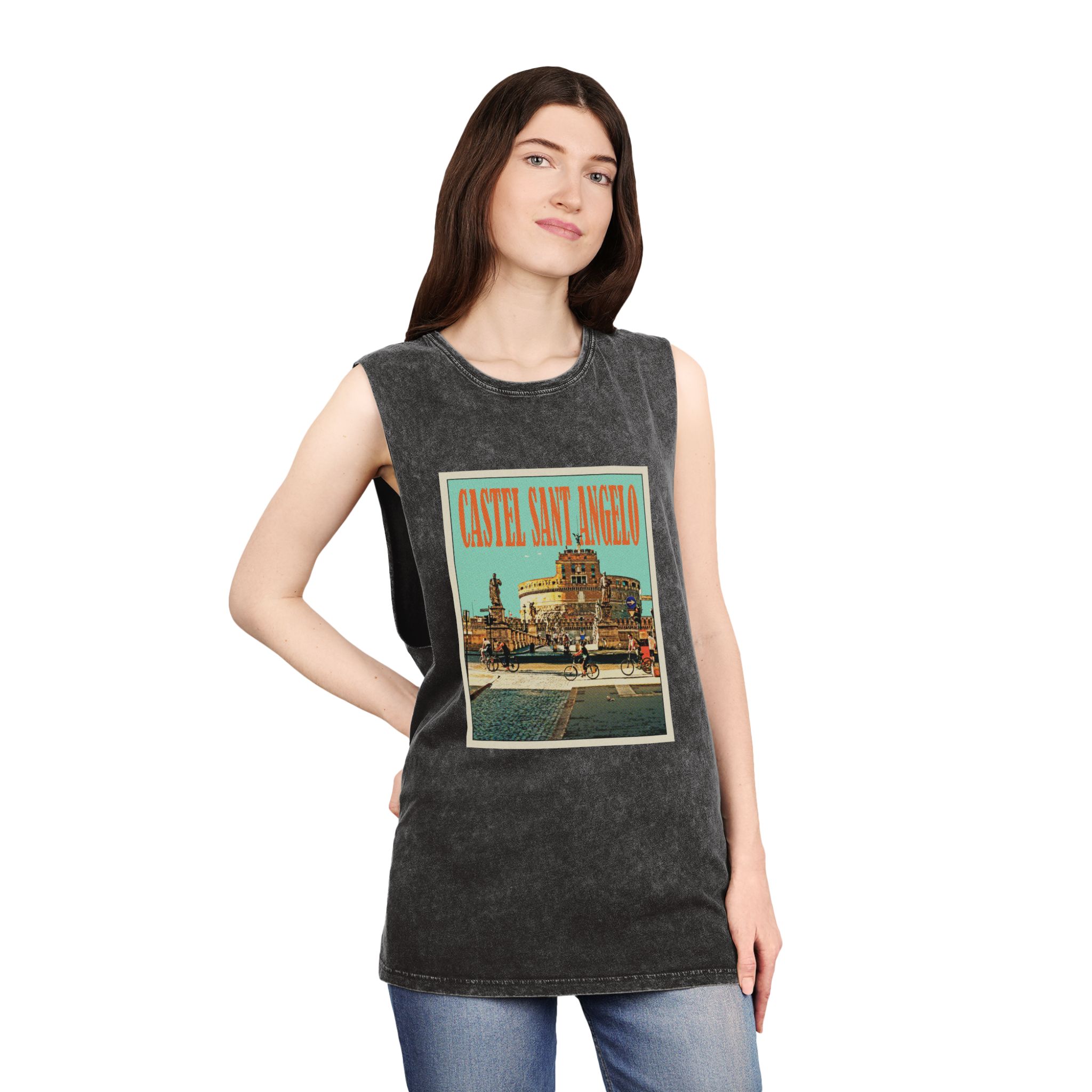 Castel Sant Angelo Retro Travel Poster Unisex Stonewash Tank Top - Image 4