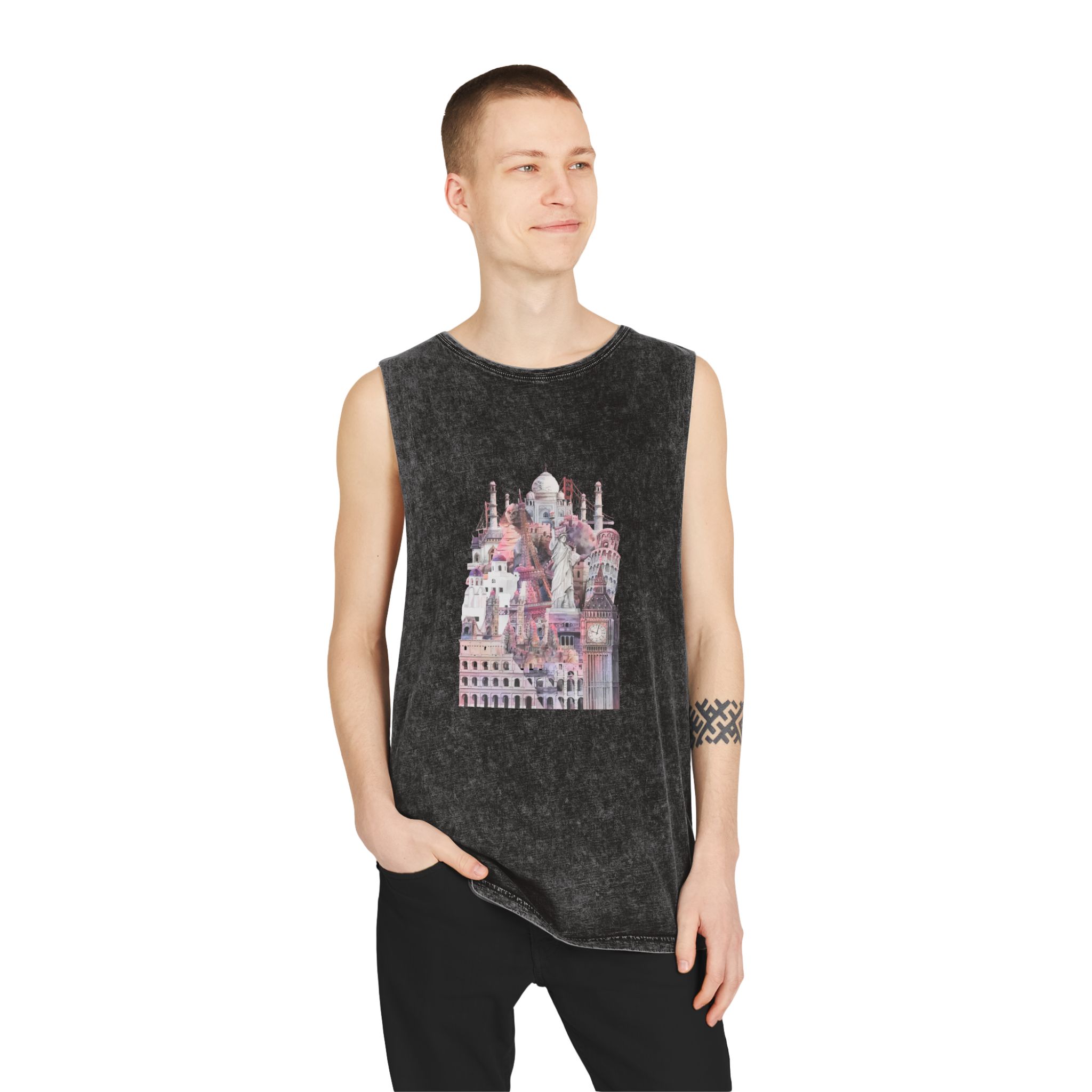 Collection Architectural Landmarks Painted By Watercolor Unisex Stonewash Tank Top - Image 3
