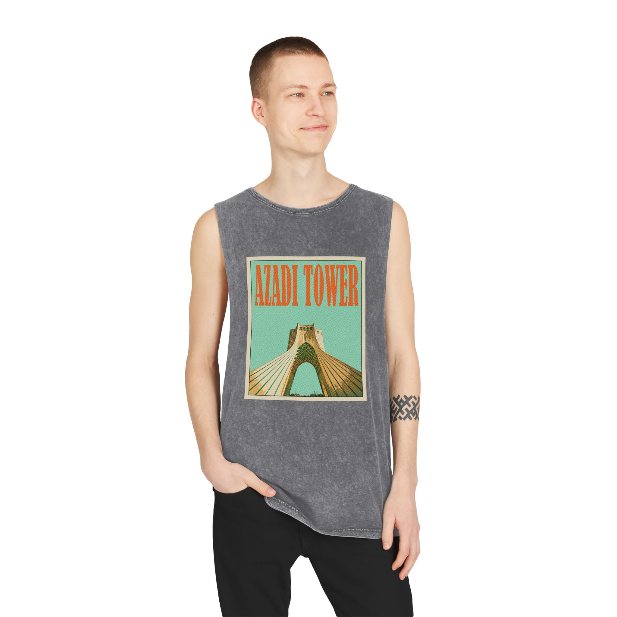 Azadi Tower Retro Travel Poster Unisex Stonewash Tank Top - Image 11