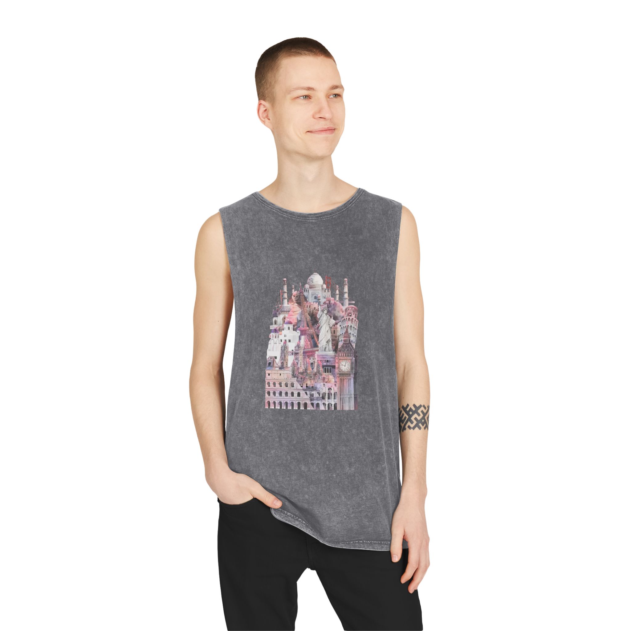 Collection Architectural Landmarks Painted By Watercolor Unisex Stonewash Tank Top - Image 11