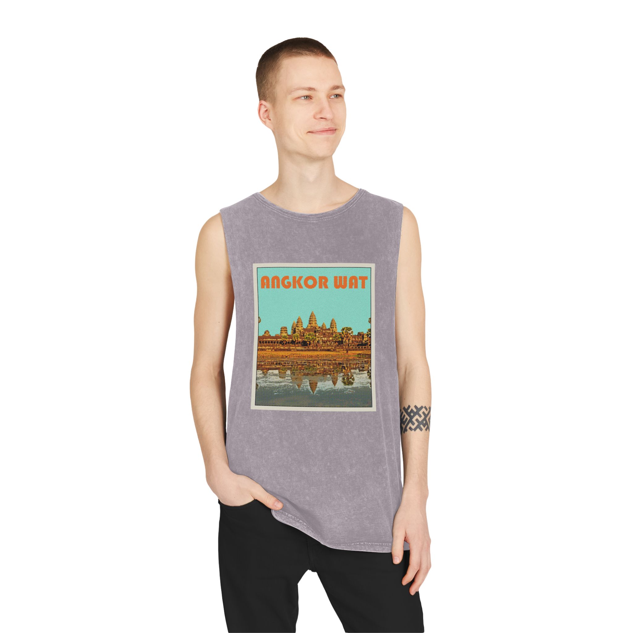 Angkor Wat Retro Travel Poster Unisex Stonewash Tank Top - Image 19