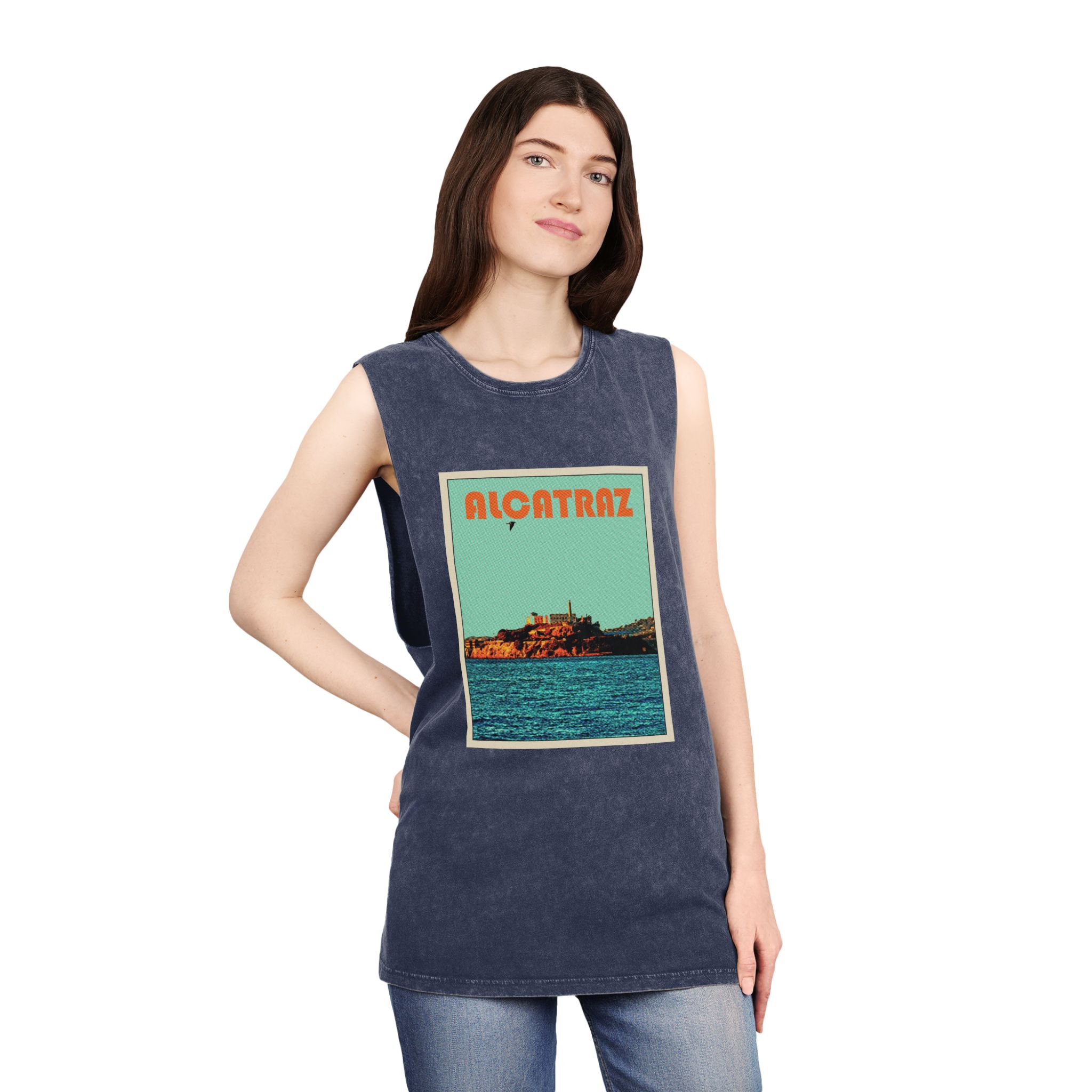 Alcatraz Retro Travel Poster Unisex Stonewash Tank Top - Image 16