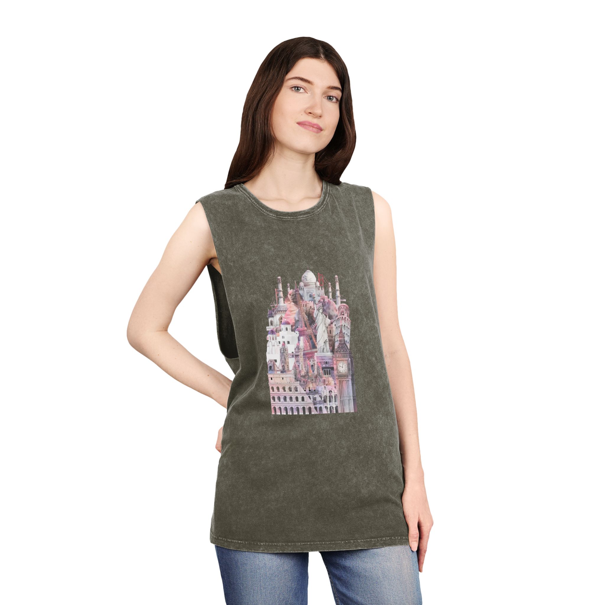 Collection Architectural Landmarks Painted By Watercolor Unisex Stonewash Tank Top - Image 8