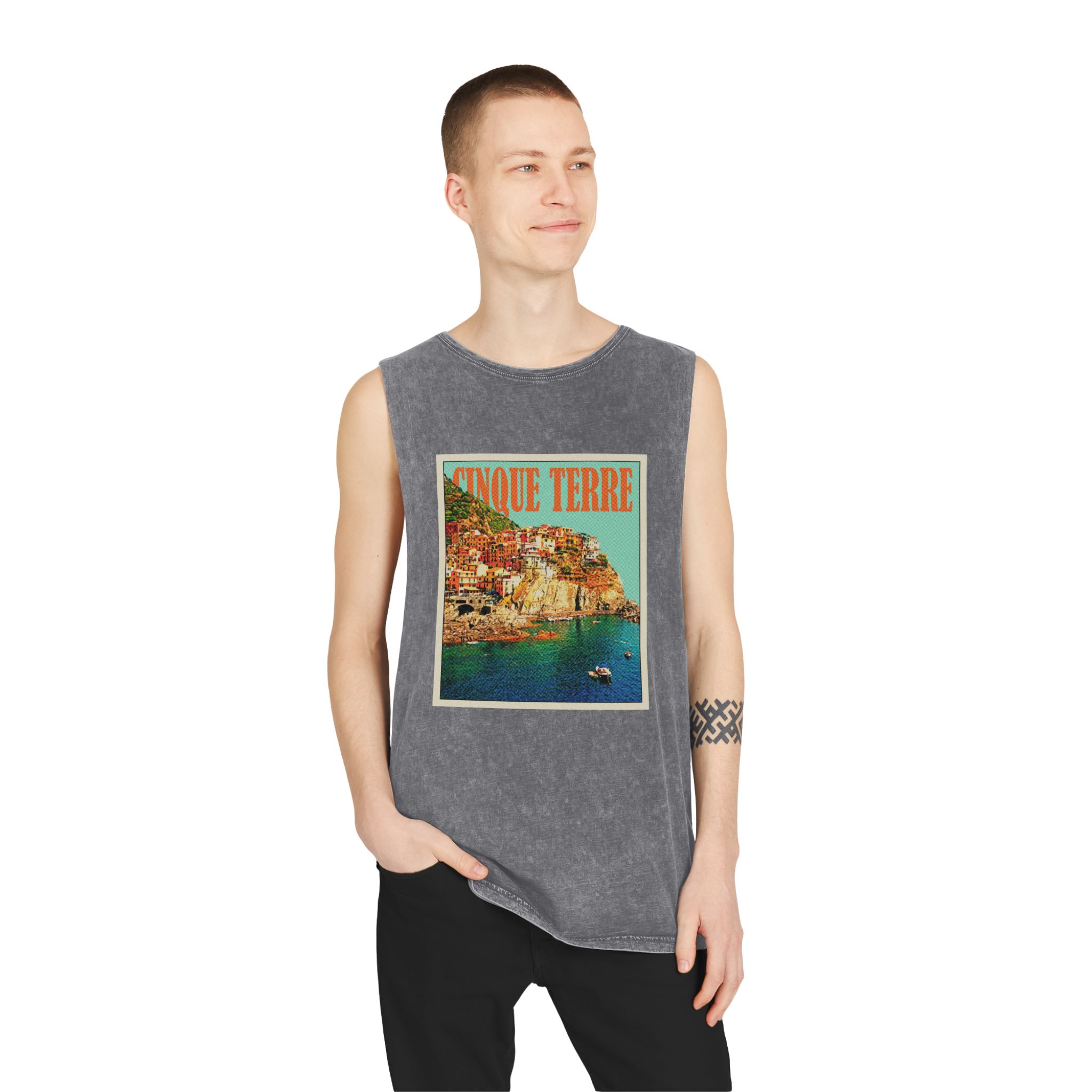 Cinque Terre Retro Travel Poster Unisex Stonewash Tank Top - Image 11