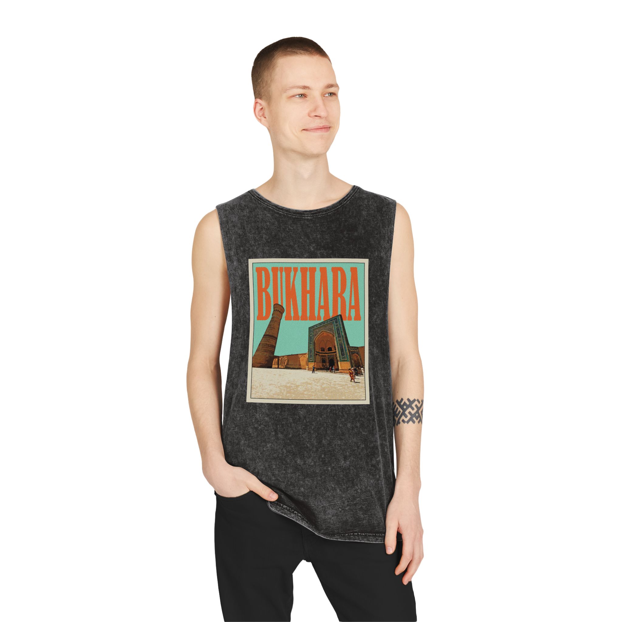 Bukhara Retro Travel Poster (1) Unisex Stonewash Tank Top - Image 3