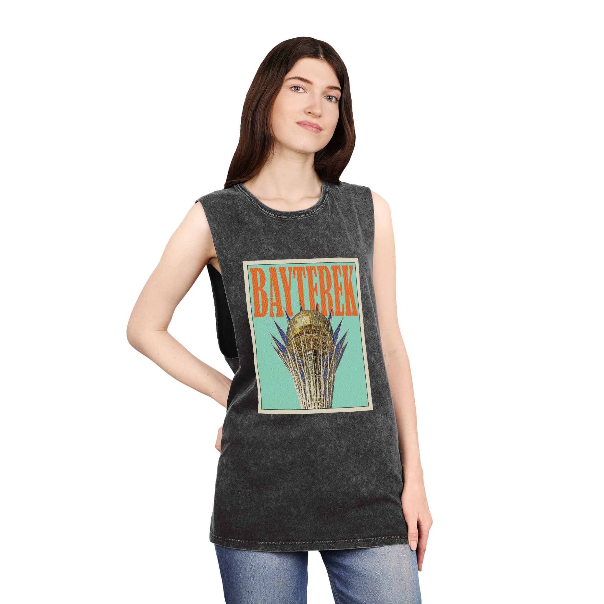 Bayterek Retro Travel Poster Unisex Stonewash Tank Top - Image 4