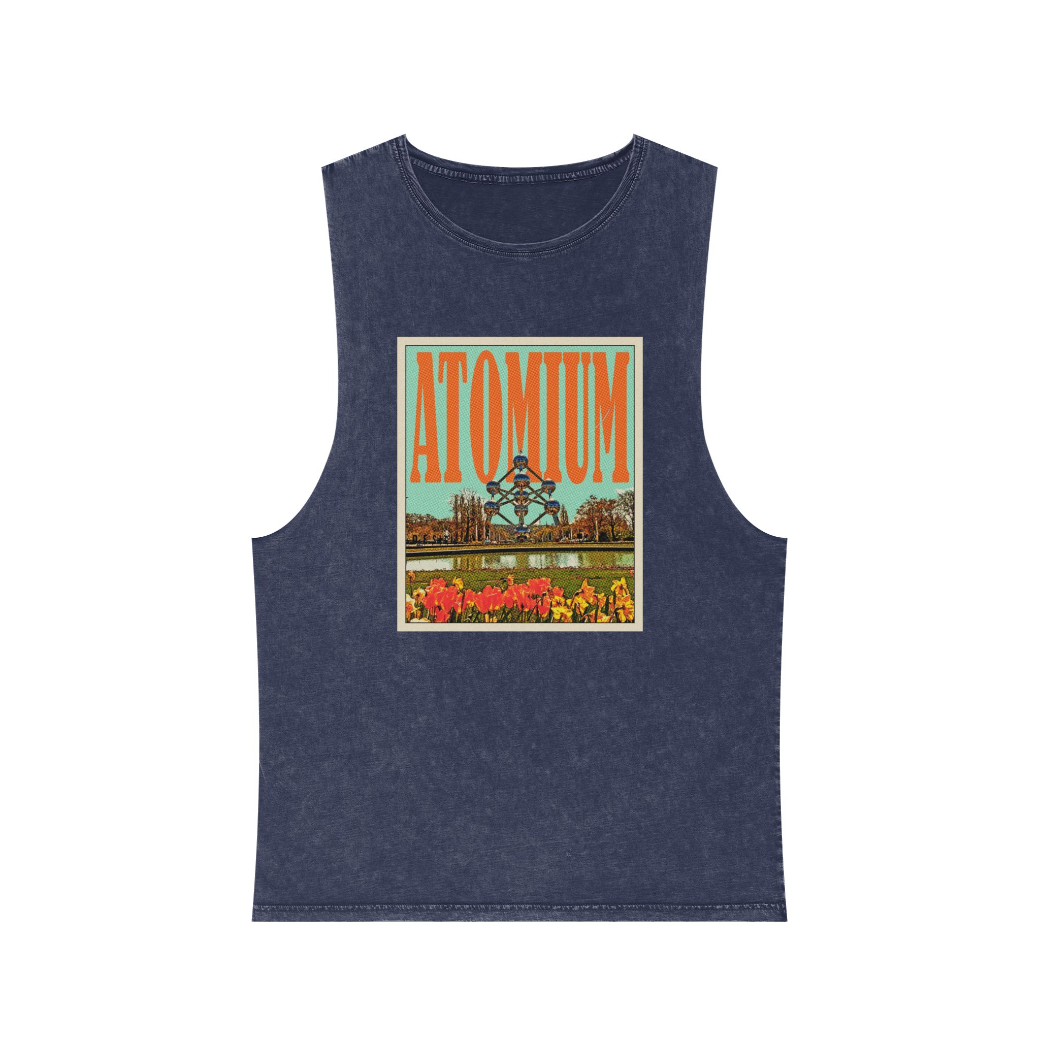 Atomium Retro Travel Poster Unisex Stonewash Tank Top - Image 13
