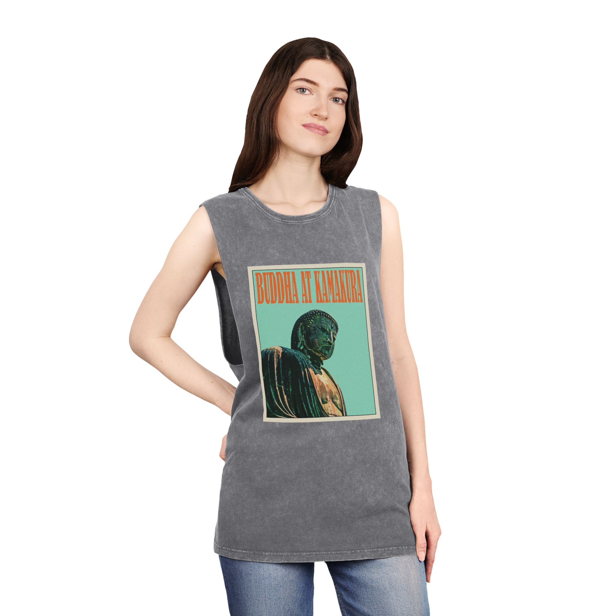 Buddha Kamakura Retro Travel Poster Unisex Stonewash Tank Top - Image 12