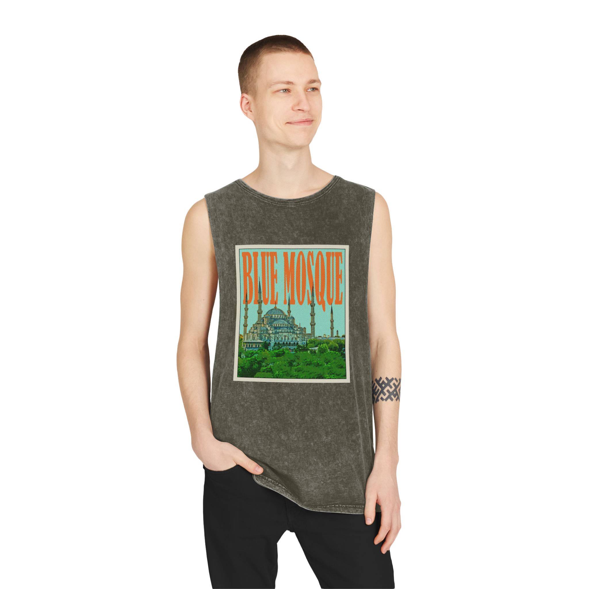 Blue Mosque Retro Travel Poster Unisex Stonewash Tank Top - Image 7
