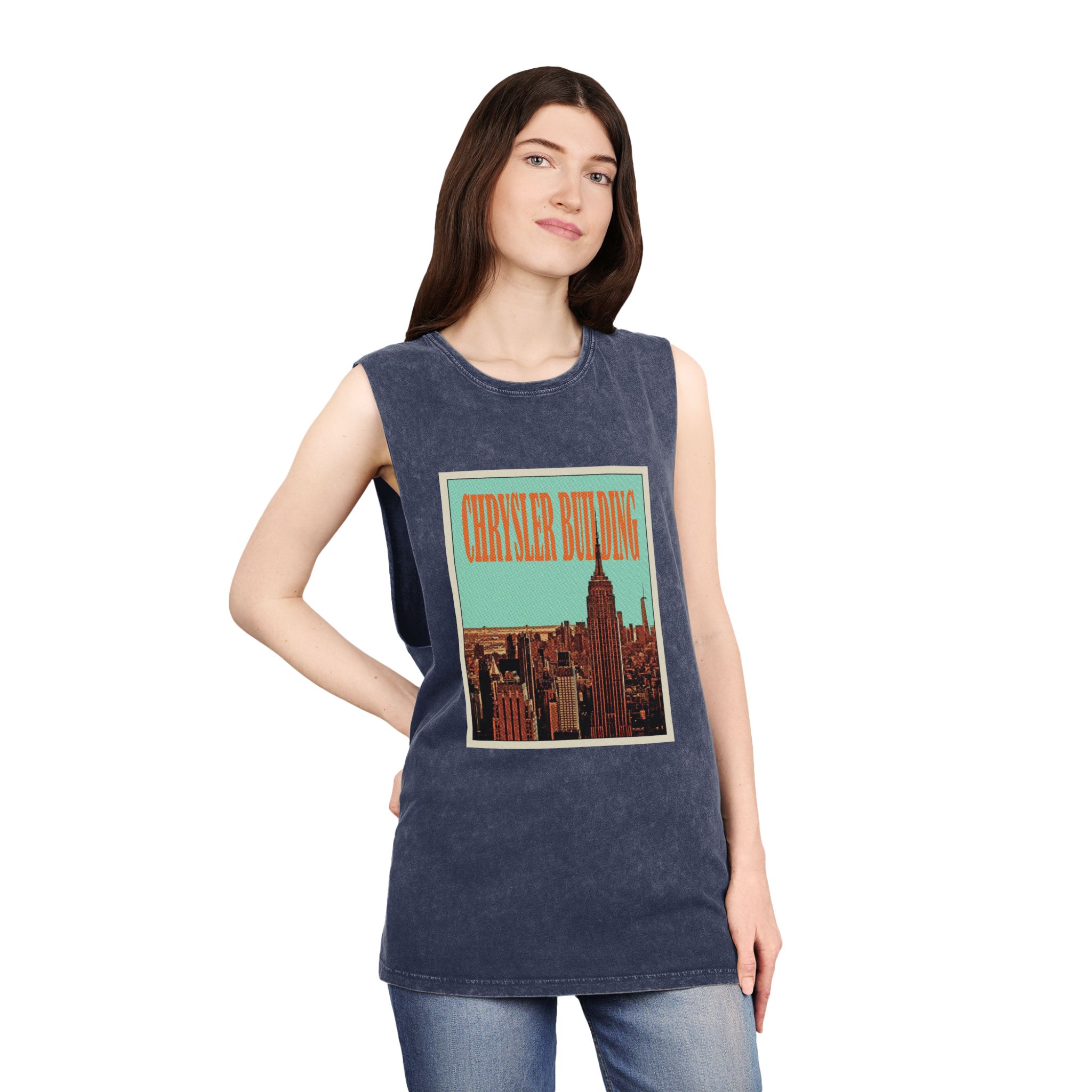 Chrysler Building Retro Travel Poster Unisex Stonewash Tank Top - Image 16