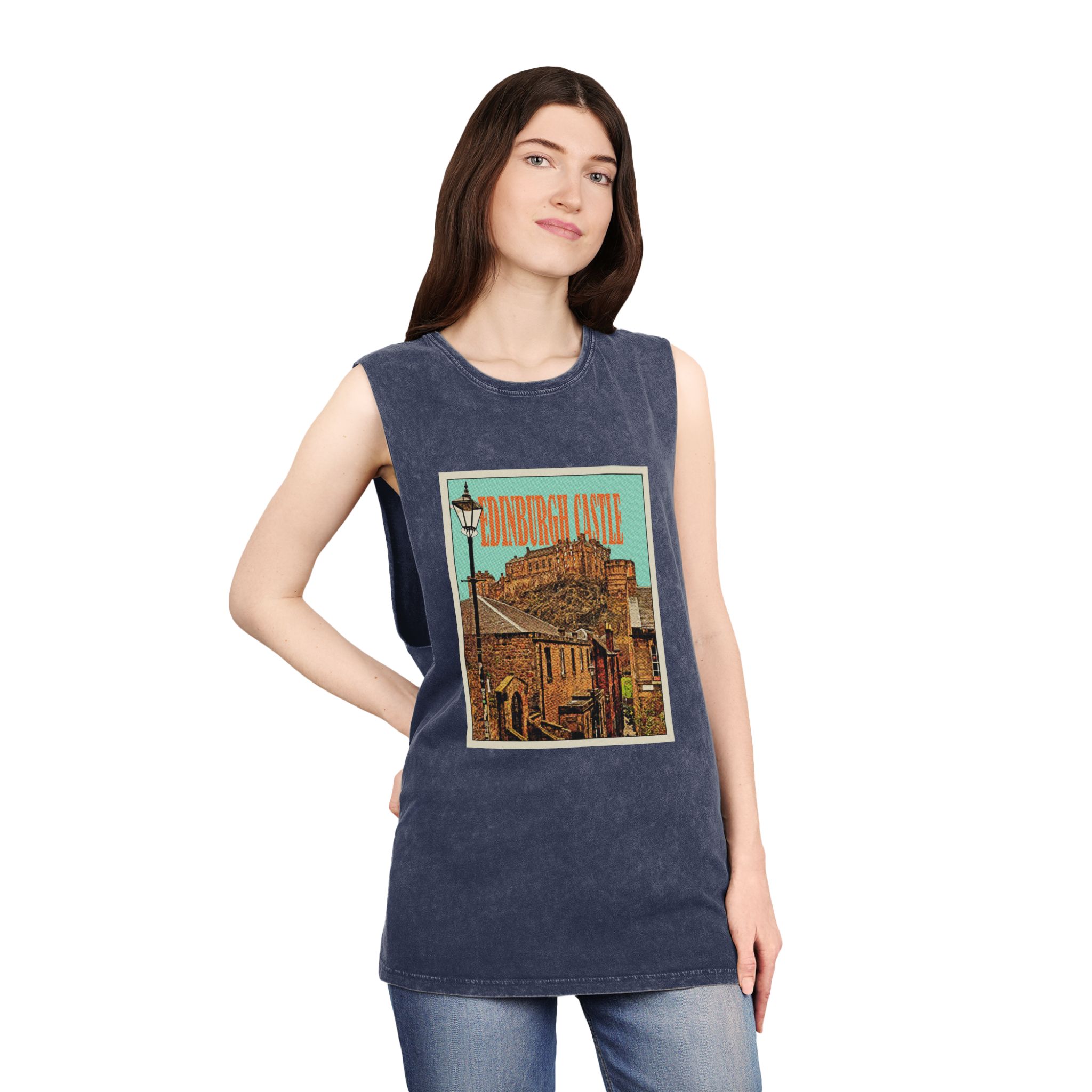 Edinburgh Castle Retro Travel Poster Unisex Stonewash Tank Top - Image 16
