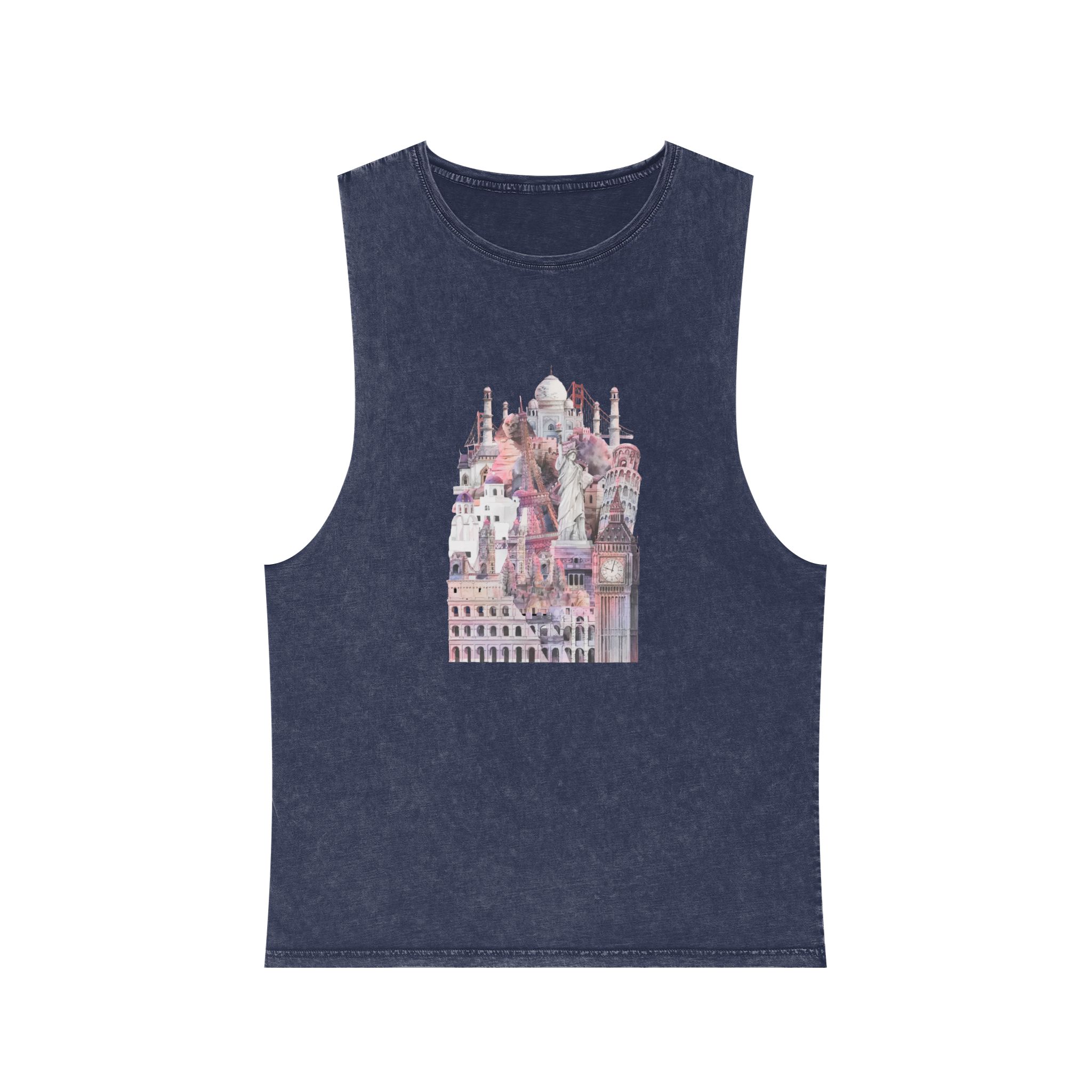Collection Architectural Landmarks Painted By Watercolor Unisex Stonewash Tank Top - Image 13