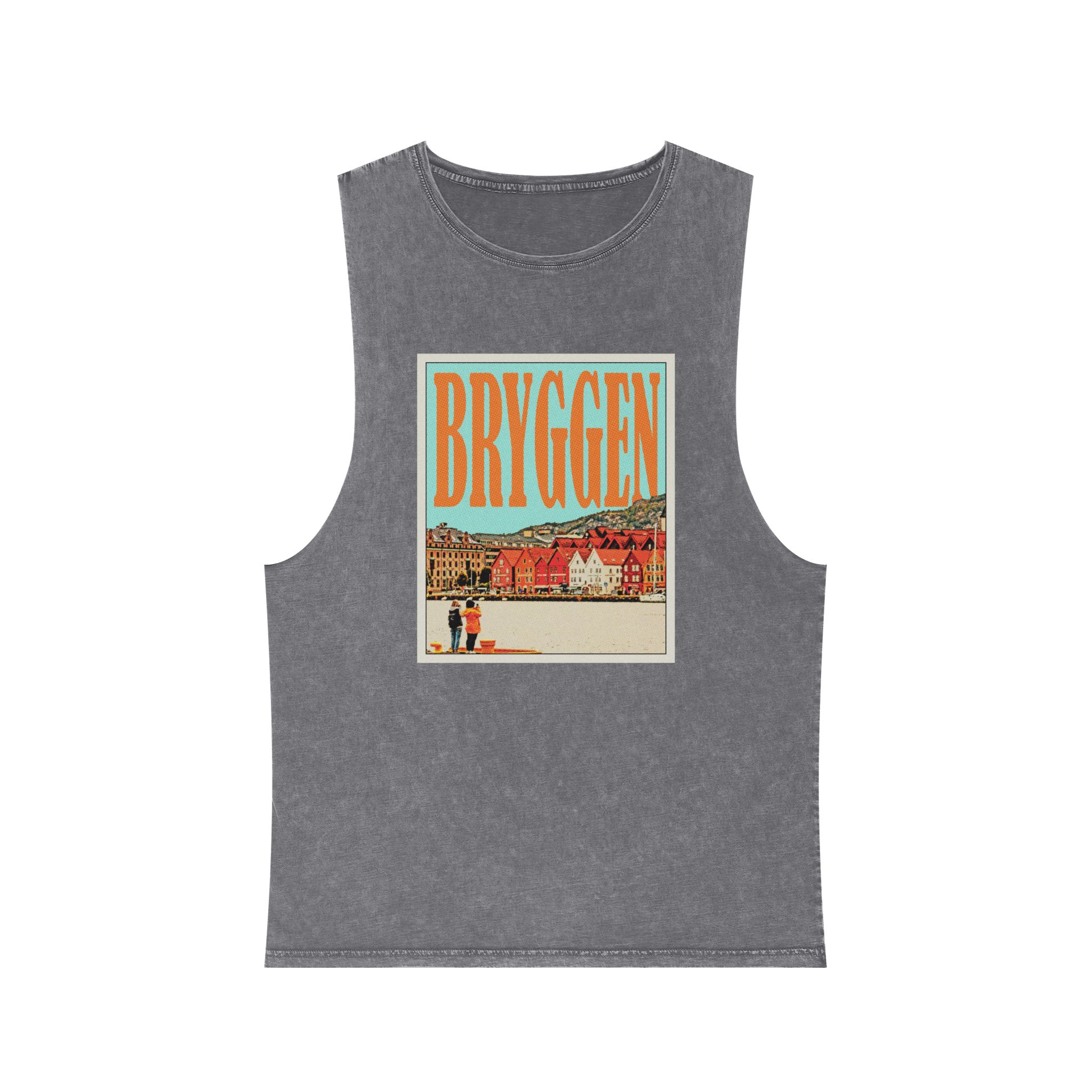 Bryggen Retro Travel Poster (1) Unisex Stonewash Tank Top - Image 9
