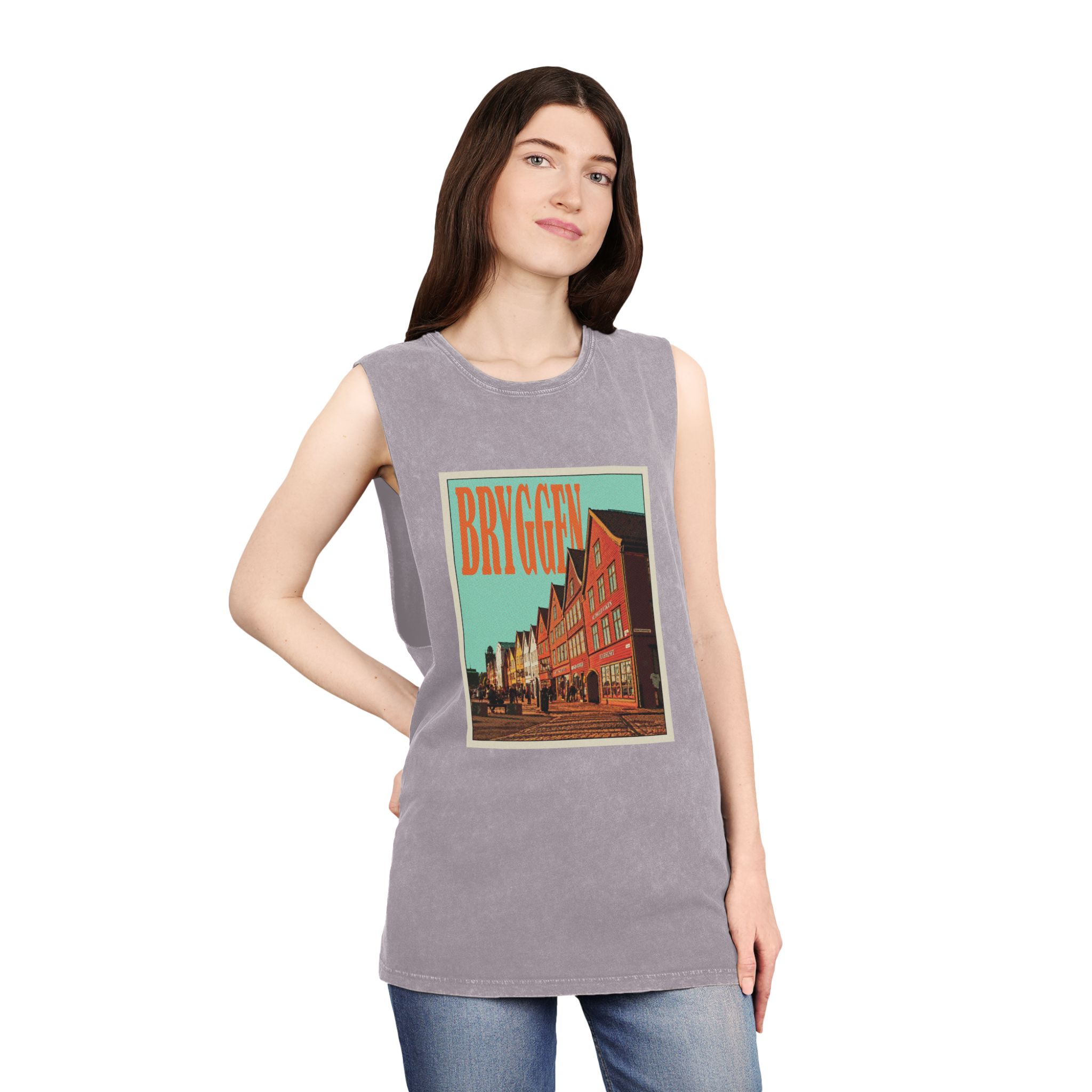 Bryggen Retro Travel Poster Unisex Stonewash Tank Top - Image 20