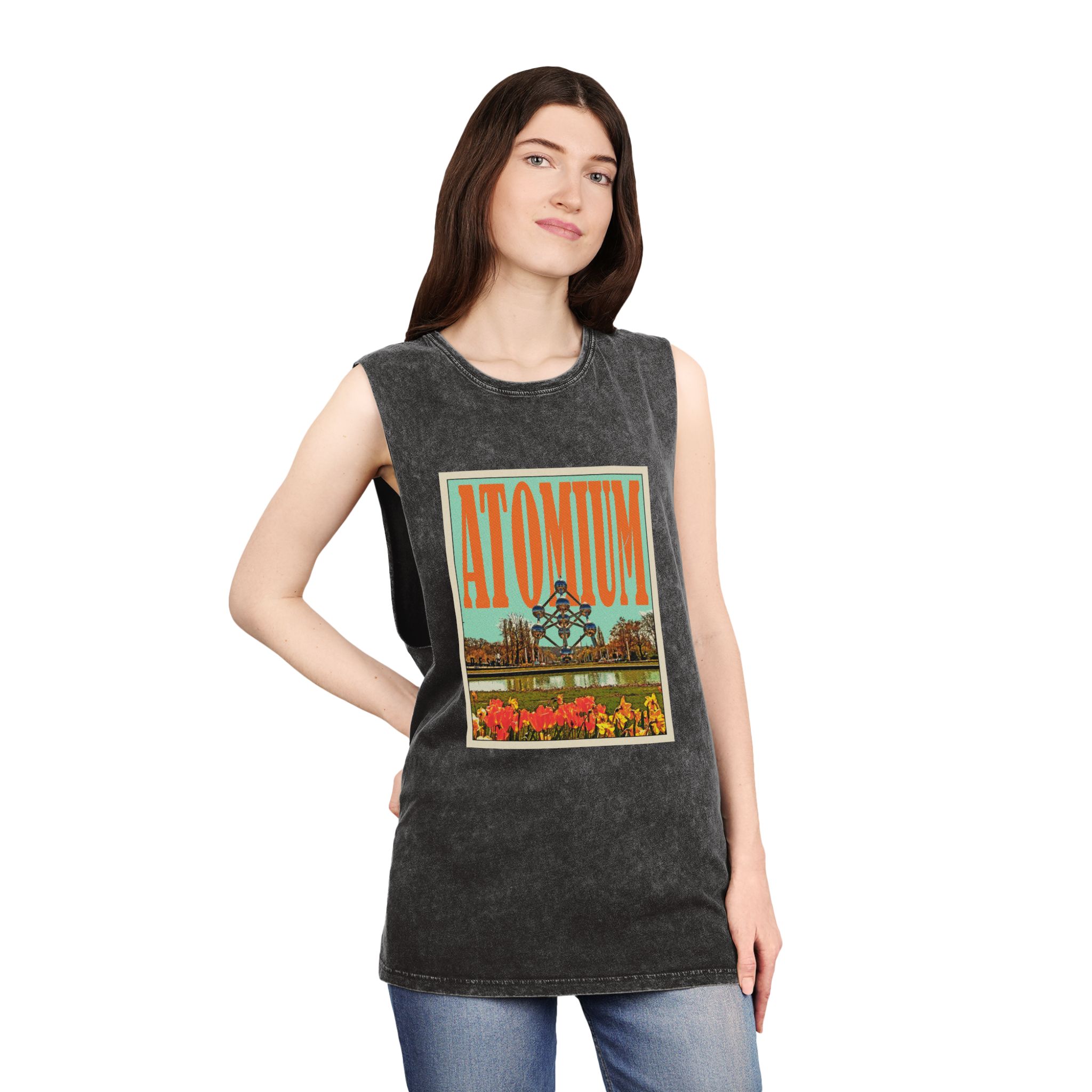Atomium Retro Travel Poster Unisex Stonewash Tank Top - Image 4