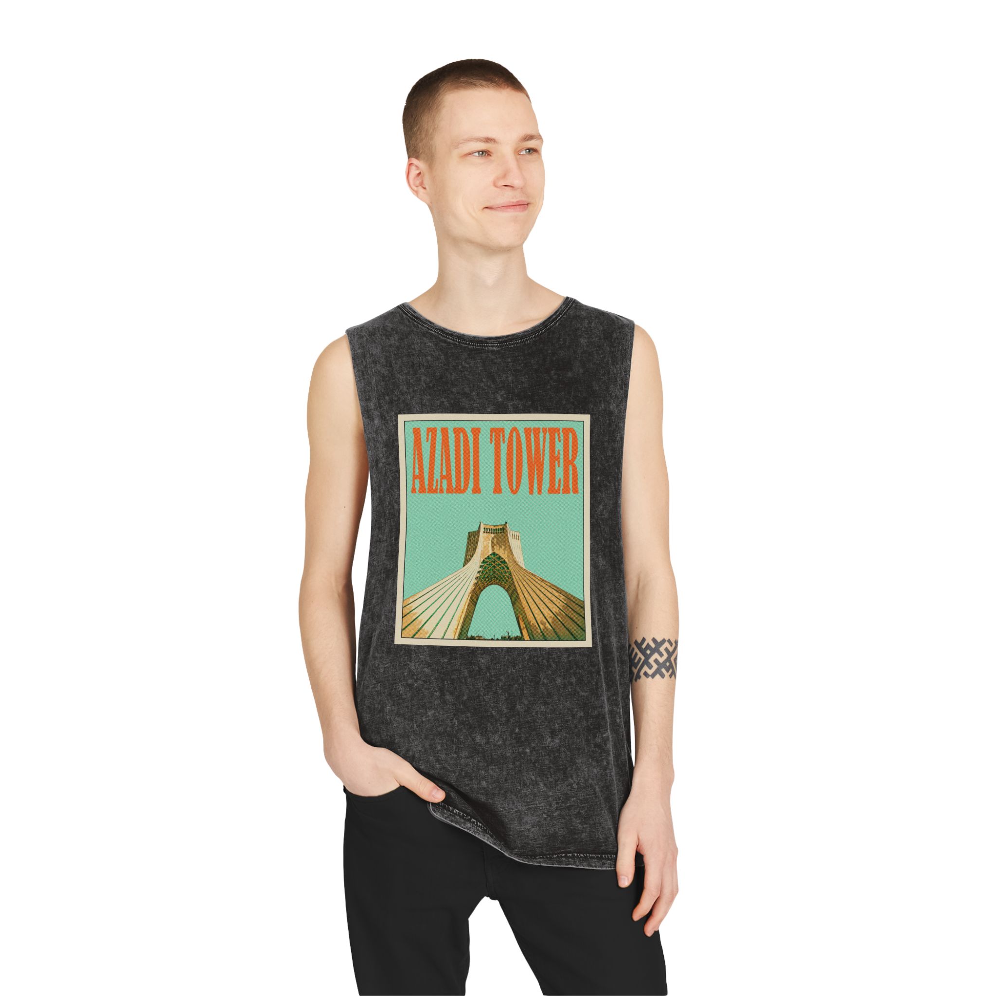 Azadi Tower Retro Travel Poster Unisex Stonewash Tank Top - Image 3