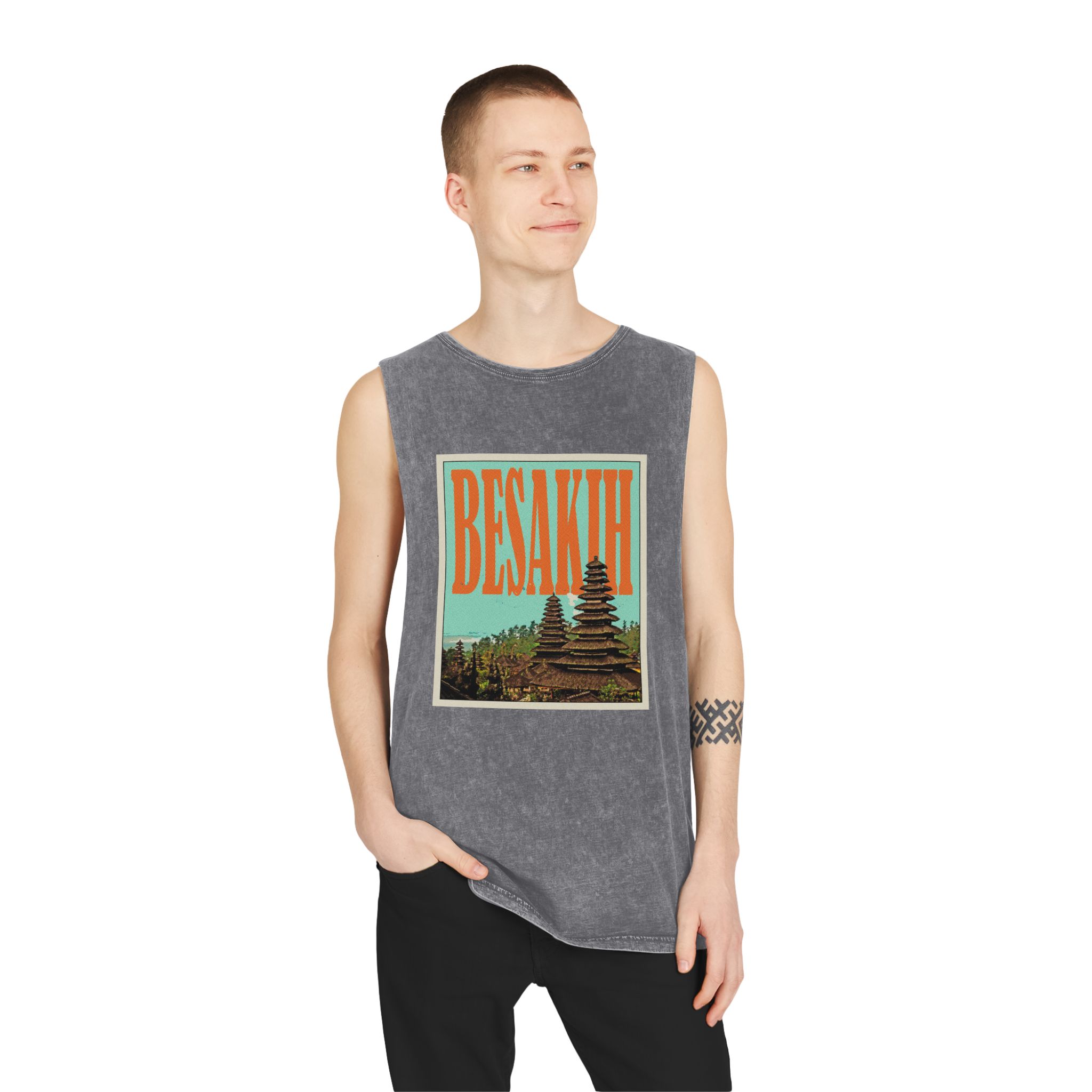 Besakih Retro Travel Poster Unisex Stonewash Tank Top - Image 11