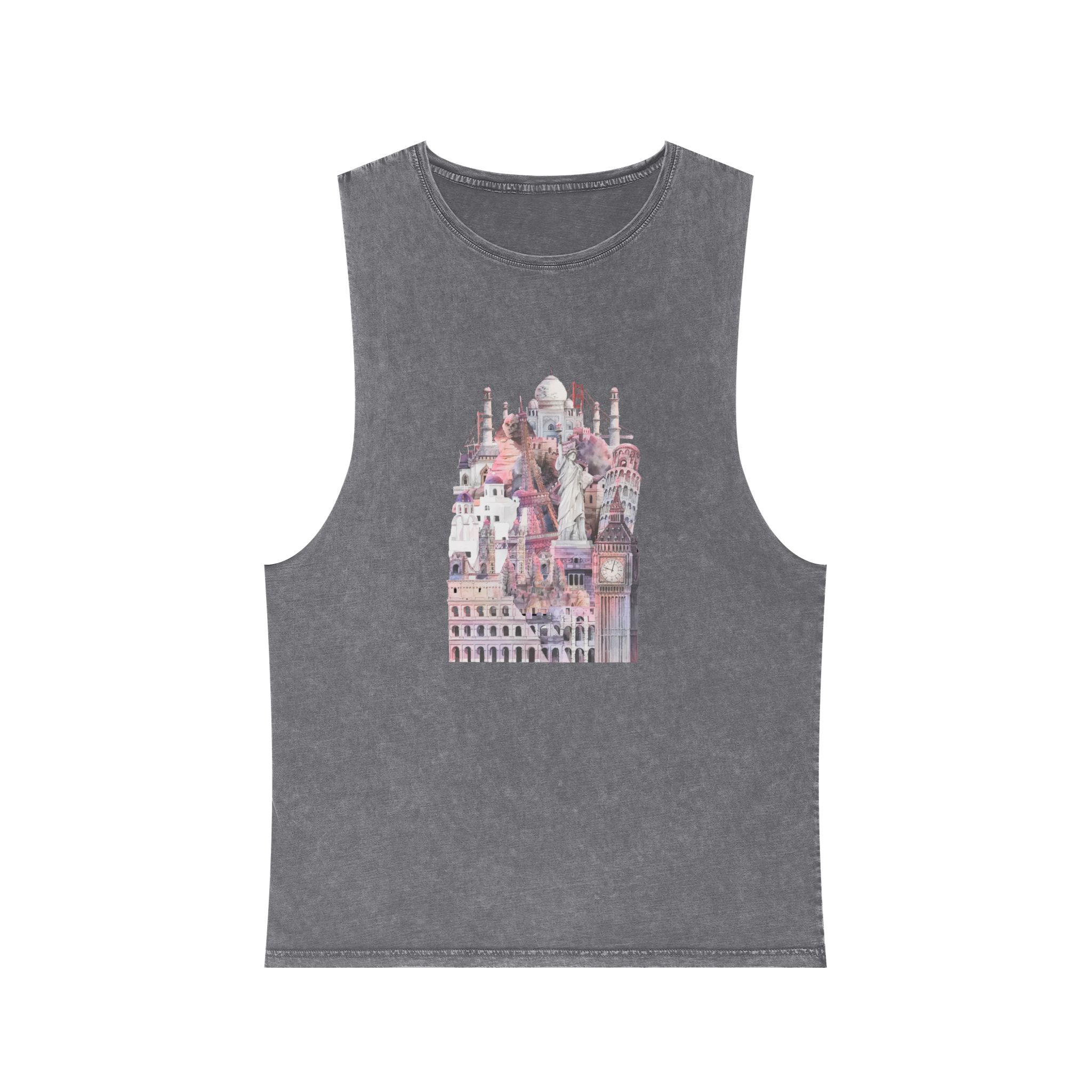 Collection Architectural Landmarks Painted By Watercolor Unisex Stonewash Tank Top - Image 9