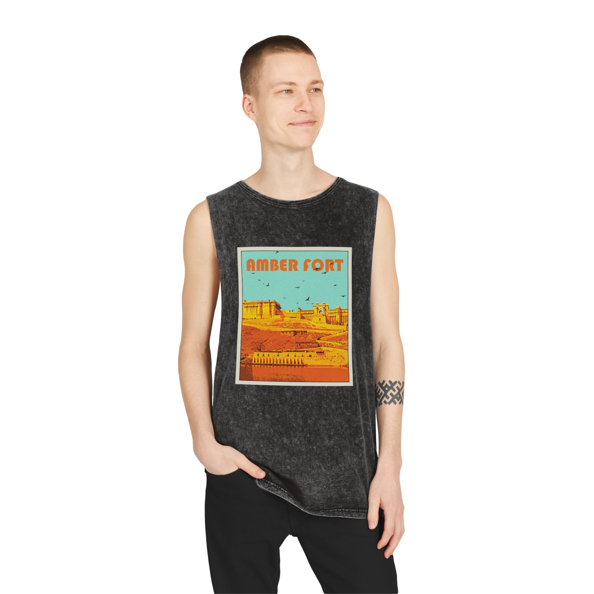 Amber Fort Retro Travel Poster Unisex Stonewash Tank Top - Image 3