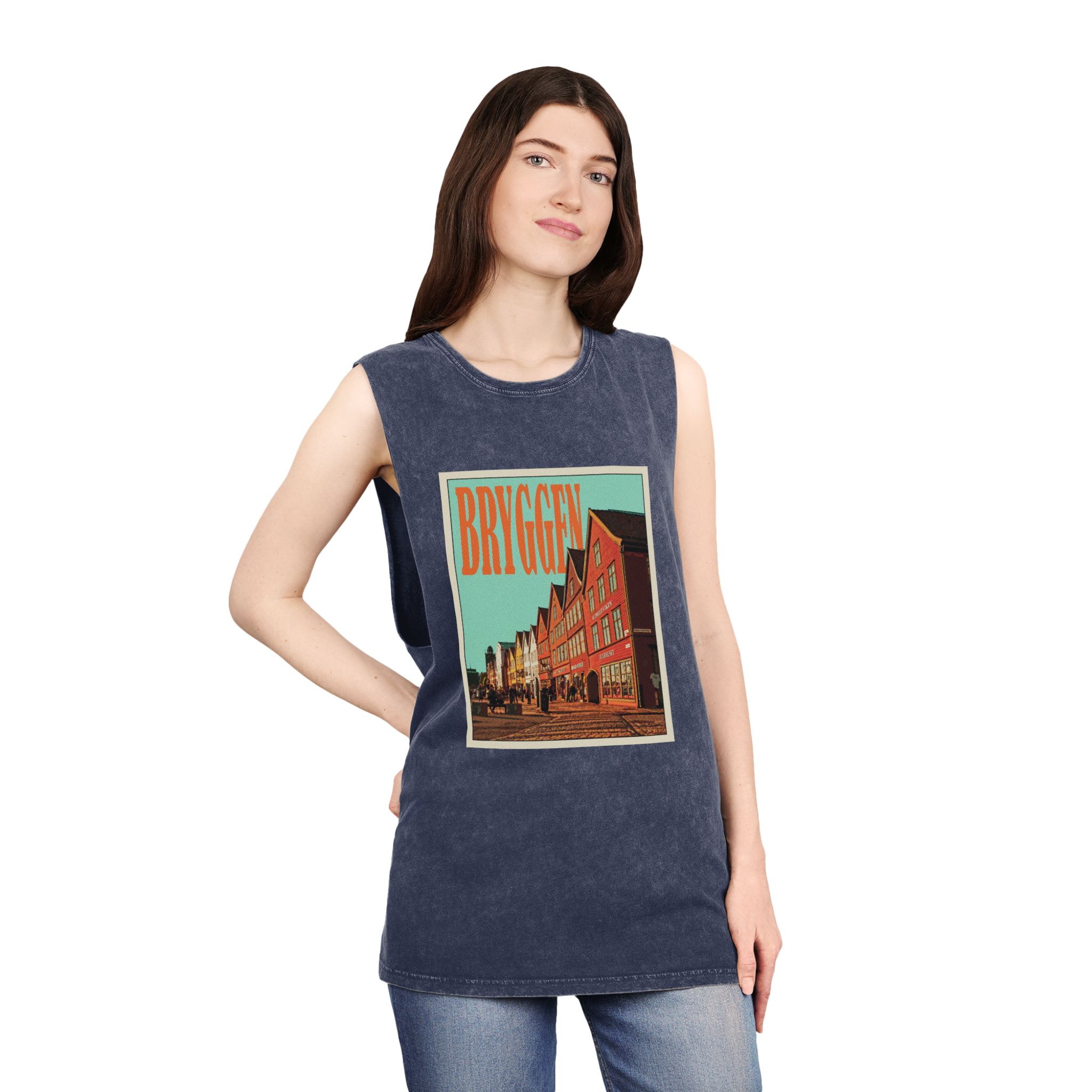 Bryggen Retro Travel Poster Unisex Stonewash Tank Top - Image 16