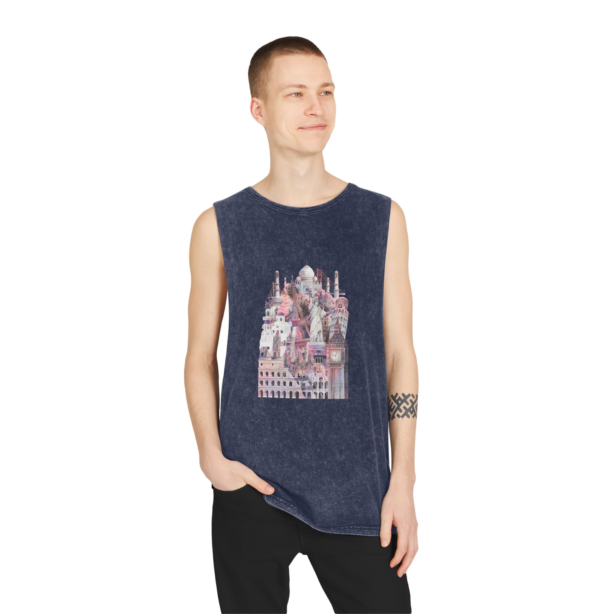 Collection Architectural Landmarks Painted By Watercolor Unisex Stonewash Tank Top - Image 15