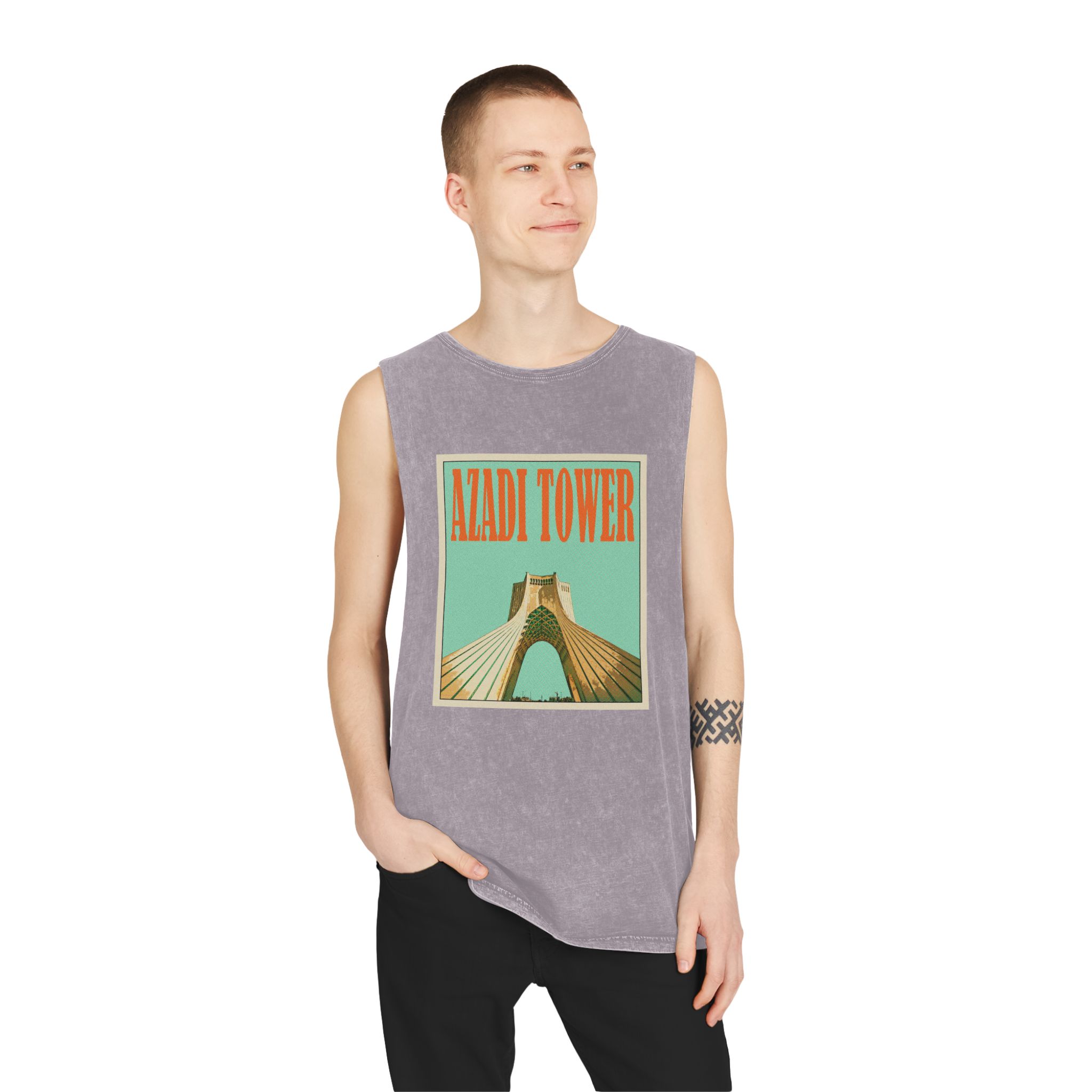 Azadi Tower Retro Travel Poster Unisex Stonewash Tank Top - Image 19