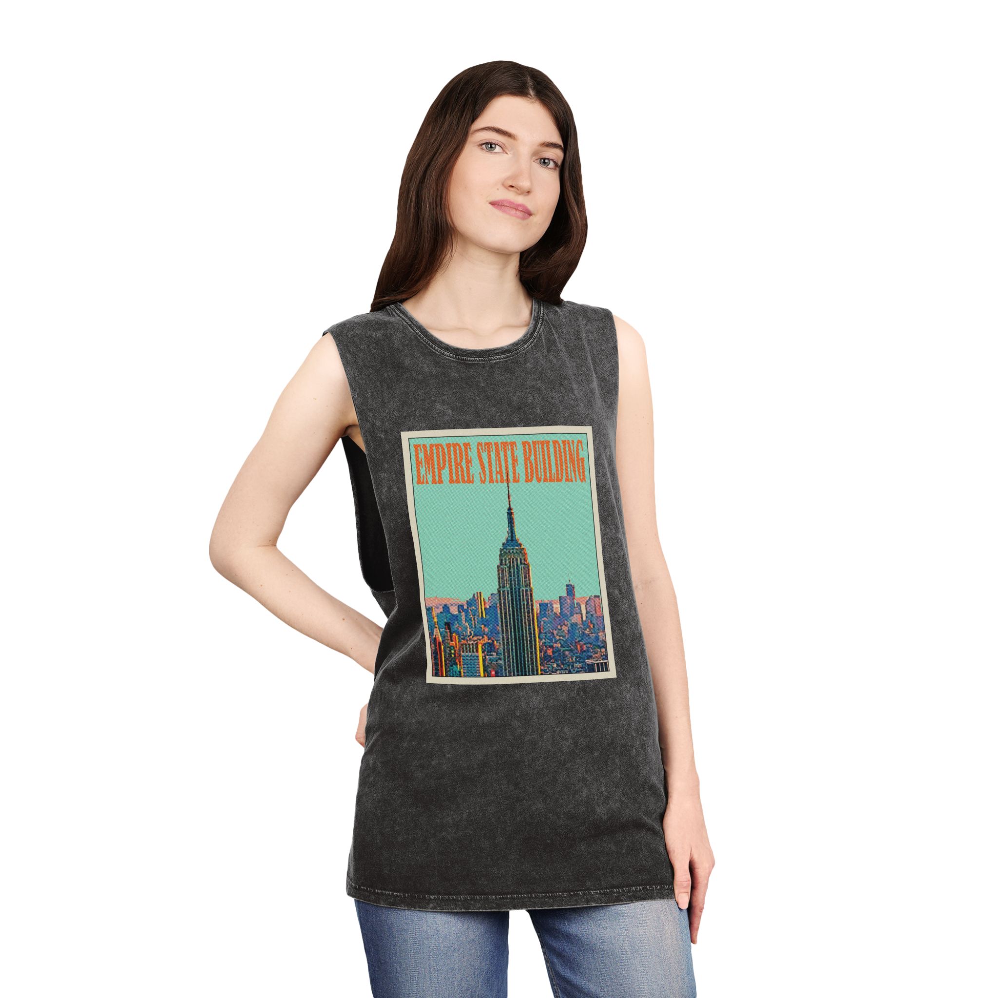 Empire State Building Retro Travel Poster Unisex Stonewash Tank Top - Image 4