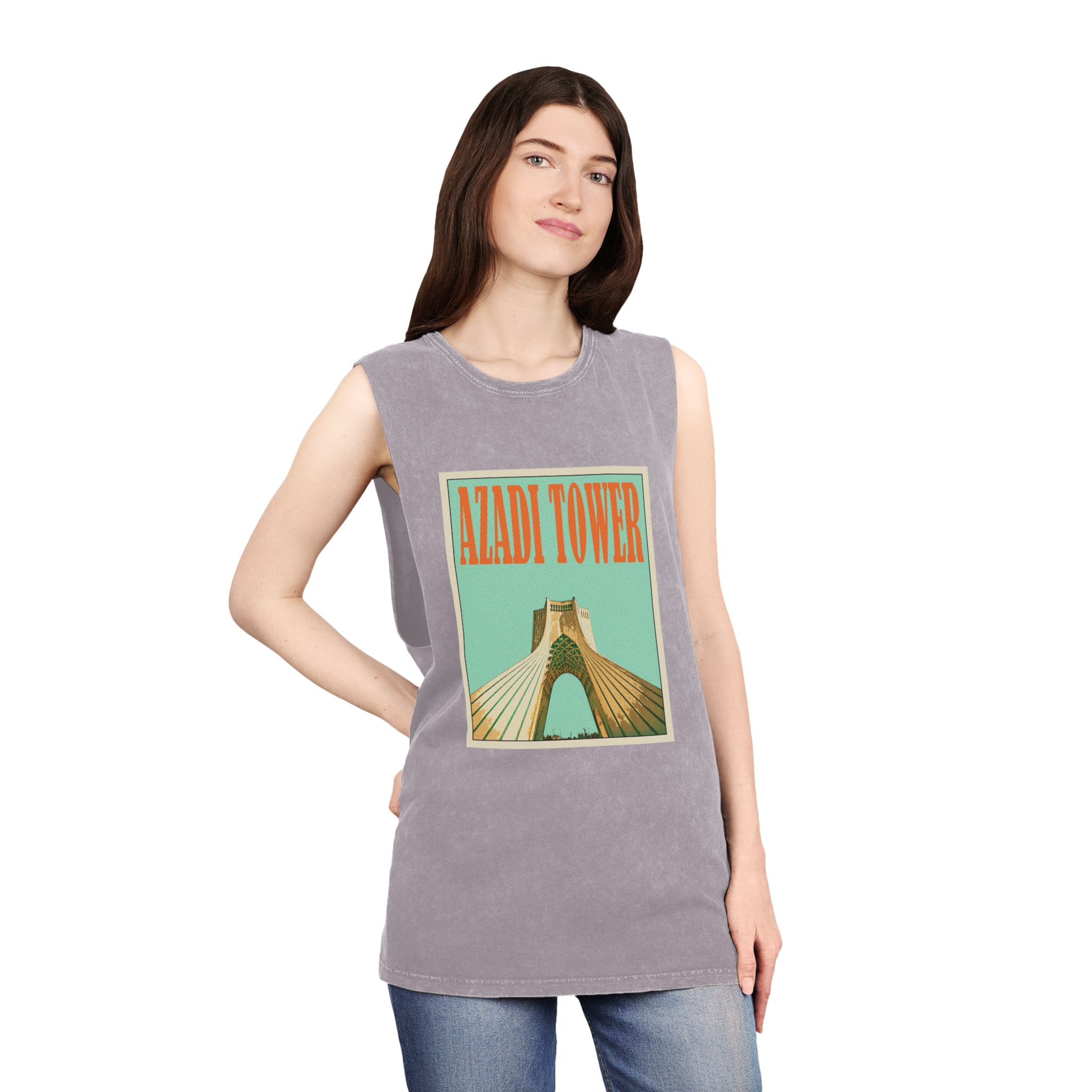 Azadi Tower Retro Travel Poster Unisex Stonewash Tank Top - Image 20