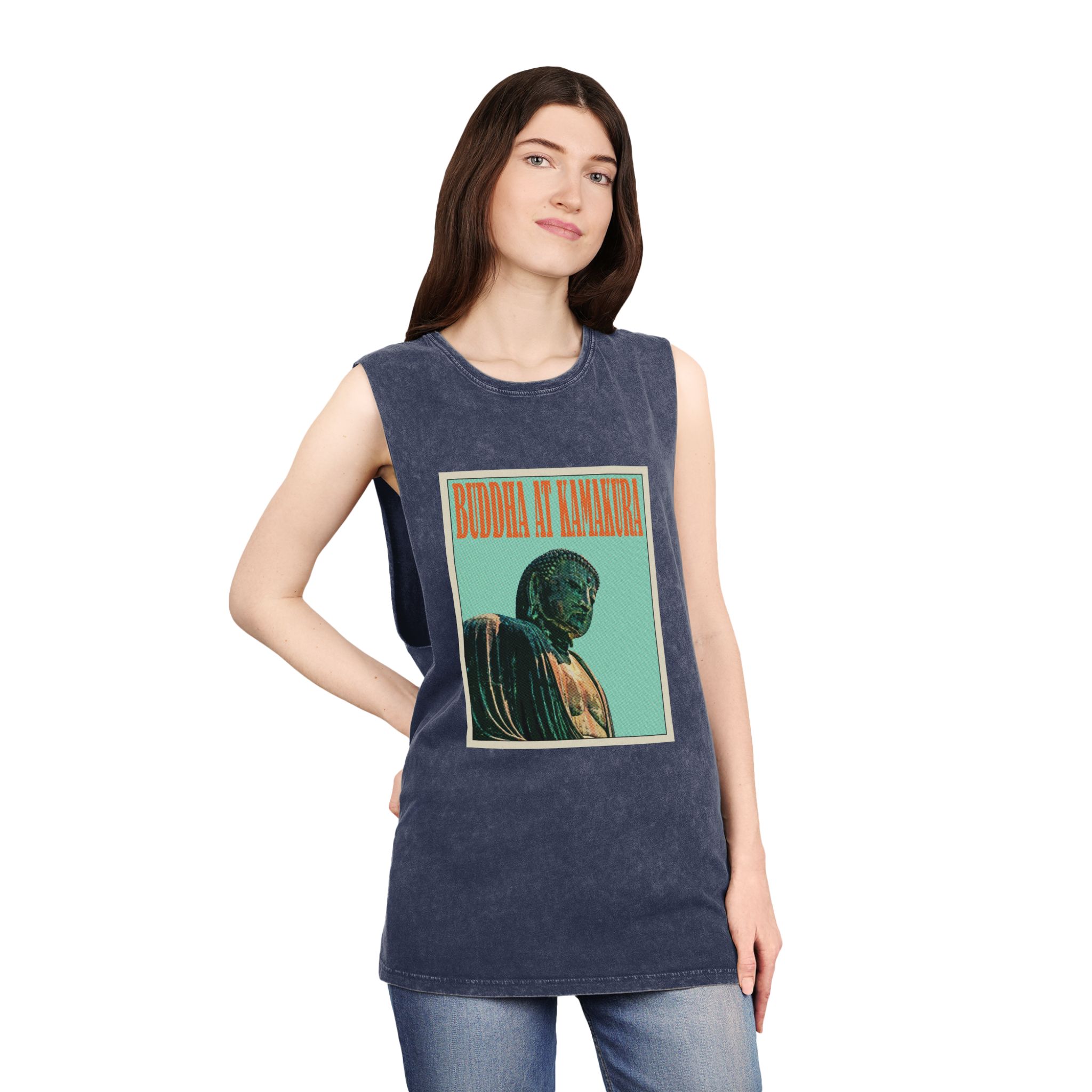 Buddha Kamakura Retro Travel Poster Unisex Stonewash Tank Top - Image 16