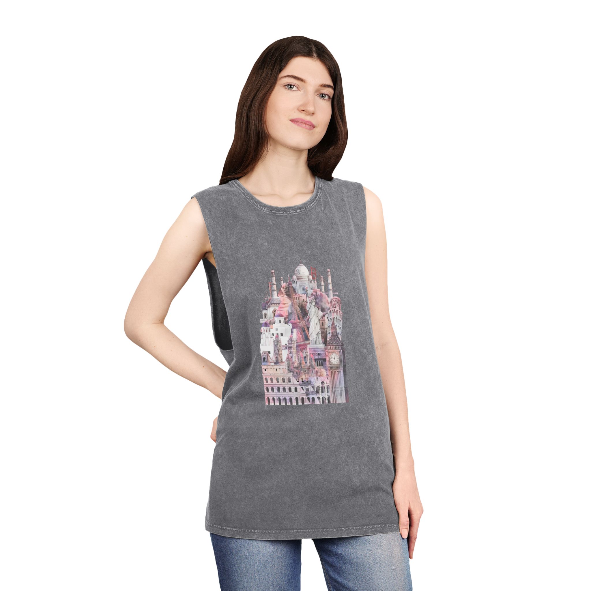 Collection Architectural Landmarks Painted By Watercolor Unisex Stonewash Tank Top - Image 12