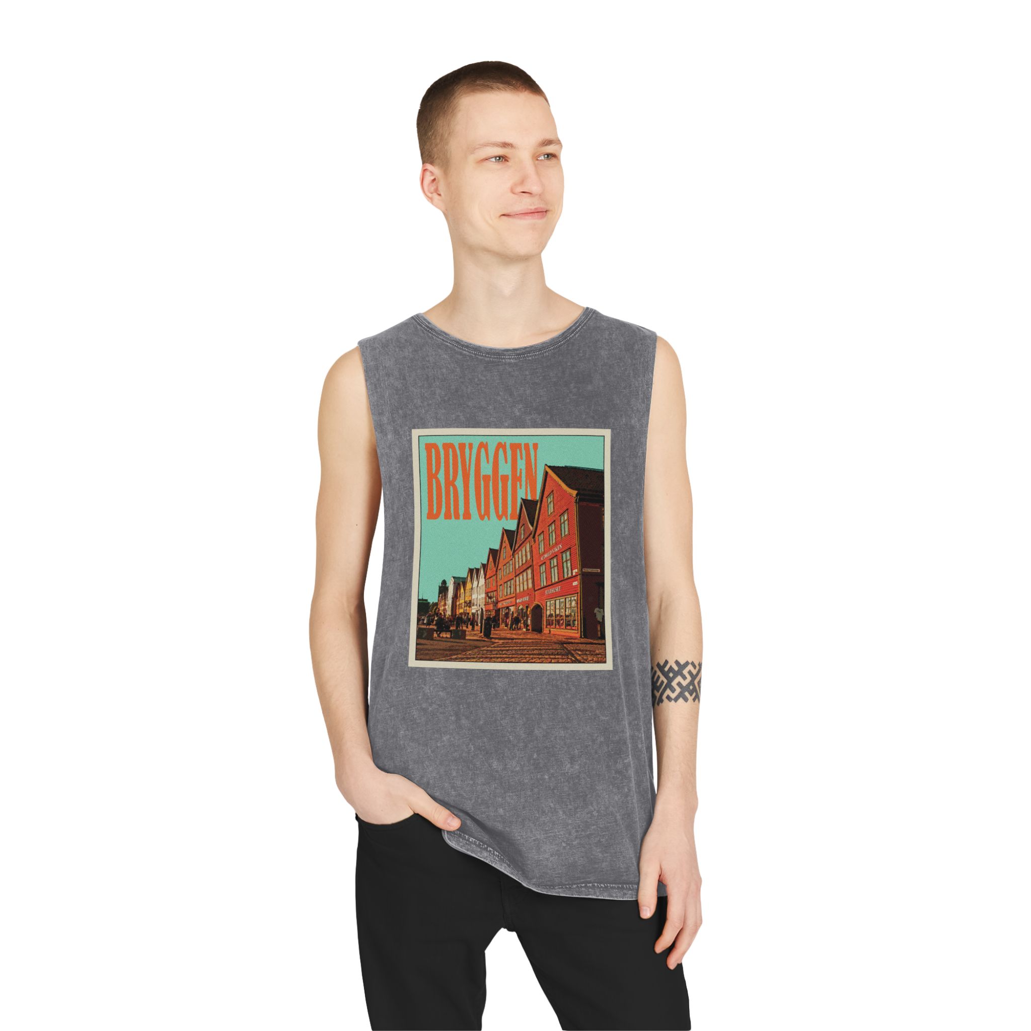 Bryggen Retro Travel Poster Unisex Stonewash Tank Top - Image 11