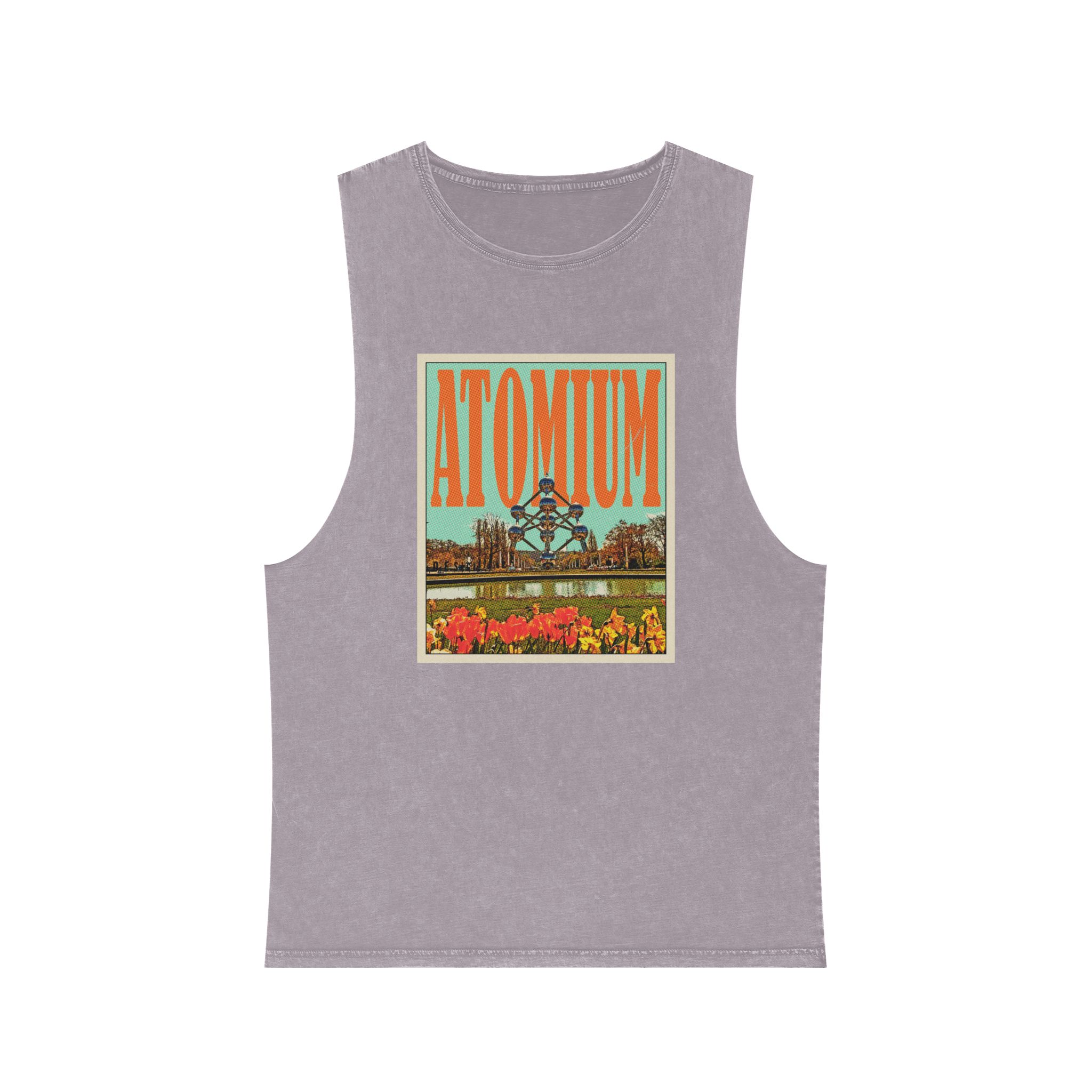Atomium Retro Travel Poster Unisex Stonewash Tank Top - Image 17