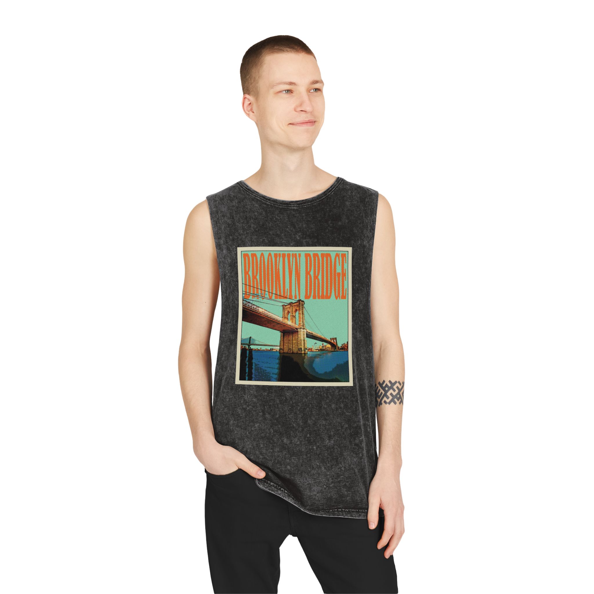 Brooklyn Bridge Retro Travel Poster Unisex Stonewash Tank Top - Image 3