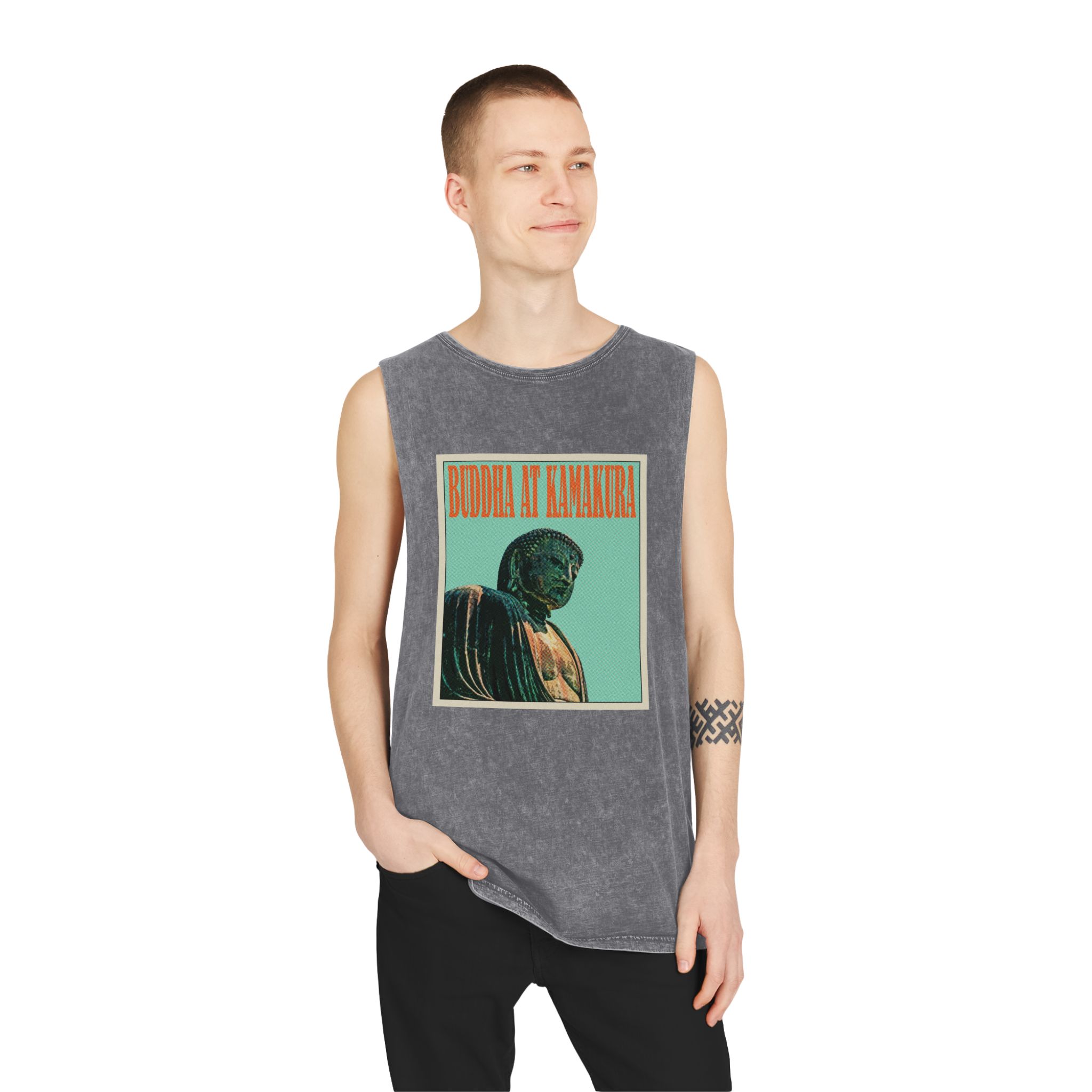 Buddha Kamakura Retro Travel Poster Unisex Stonewash Tank Top - Image 11