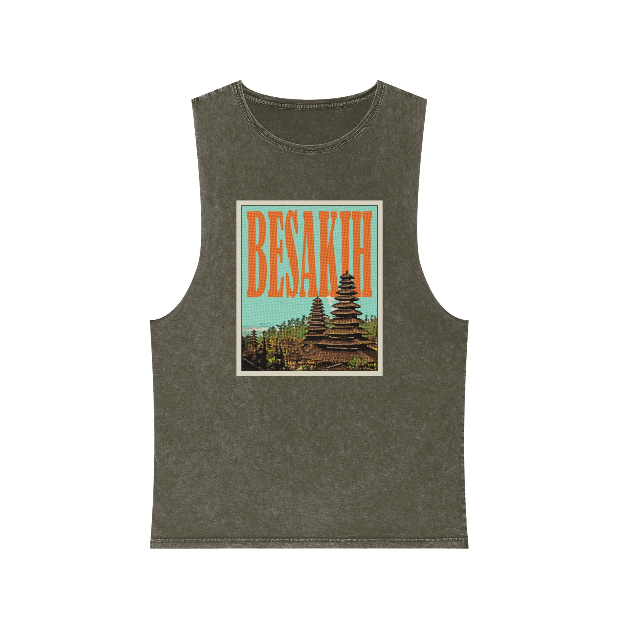 Besakih Retro Travel Poster Unisex Stonewash Tank Top - Image 5