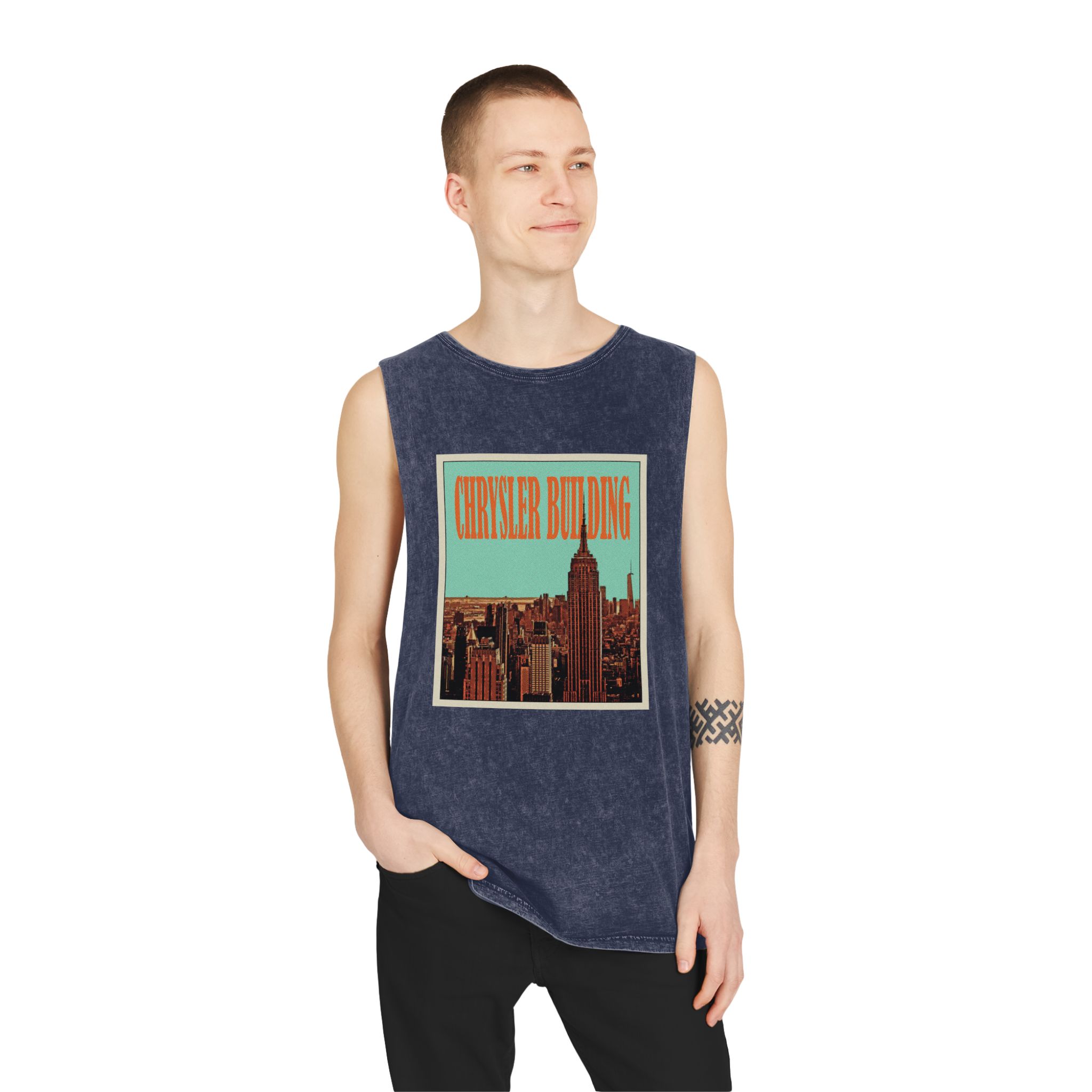 Chrysler Building Retro Travel Poster Unisex Stonewash Tank Top - Image 15